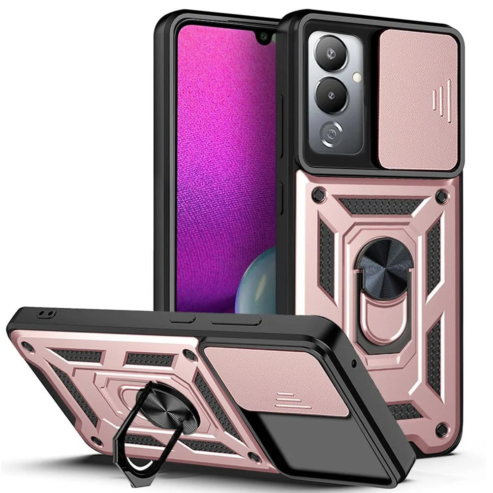 DL3 Mobilak Military-Grade Protective Case with Sliding Camera Cover, Metal Ring Kickstand and Magnetic Car-Mount Support for Infinix Hot 20 4G - Rose Gold