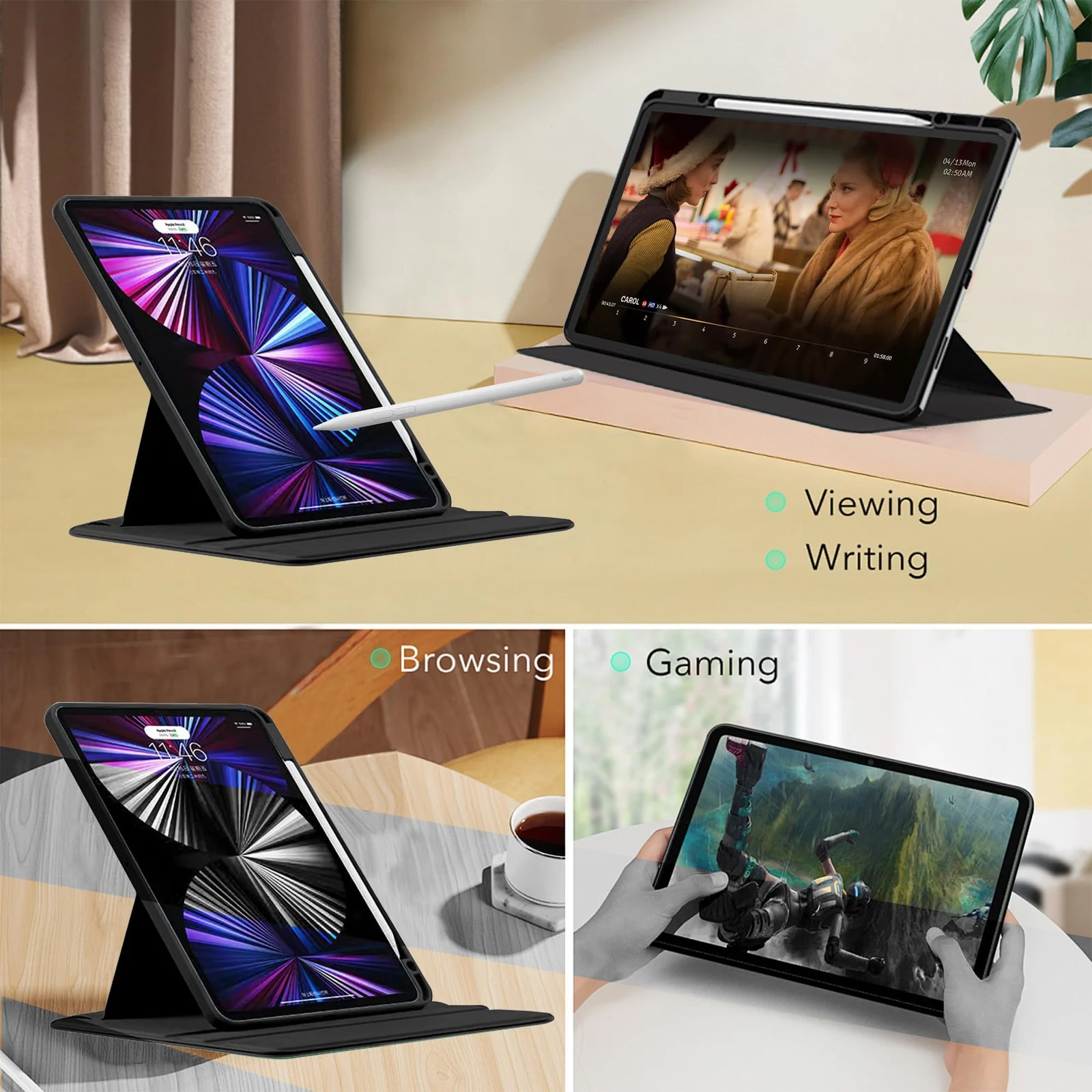 DL3 Mobilak Case for Xiaomi Redmi Pad Pro 12.1 Inch 2024/Xiaomi Poco Pad 12.1 Inch, 360° Rotation Multi-angle Stand Slim Cover PU leather + Transparent Acrylic case with Pen Holder Auto Wake/Sleep - Black