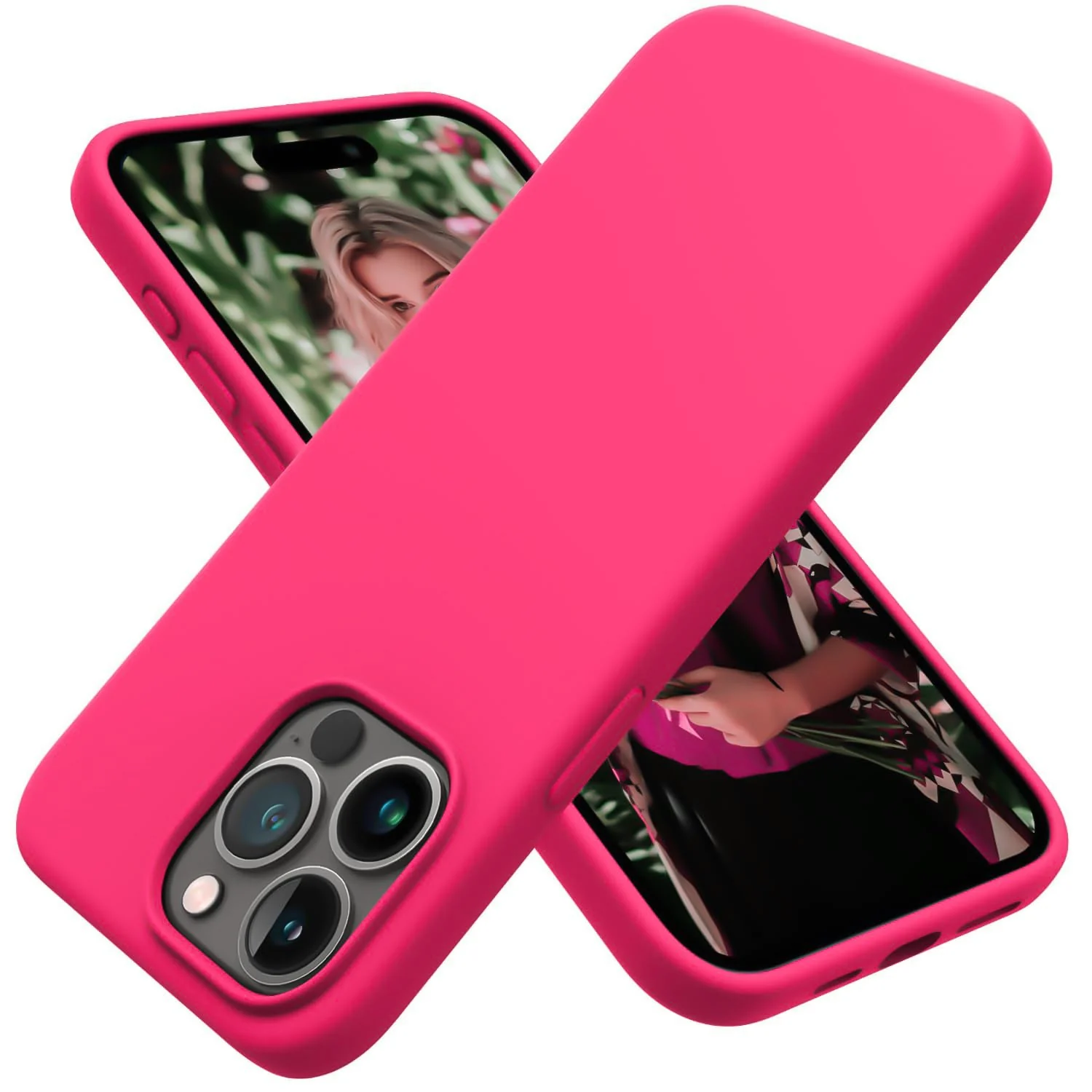 DL3 Mobilak Liquid Silicone Protective Case for iPhone 15 with Camera Protection and Microfiber Lining - Neon Pink 2