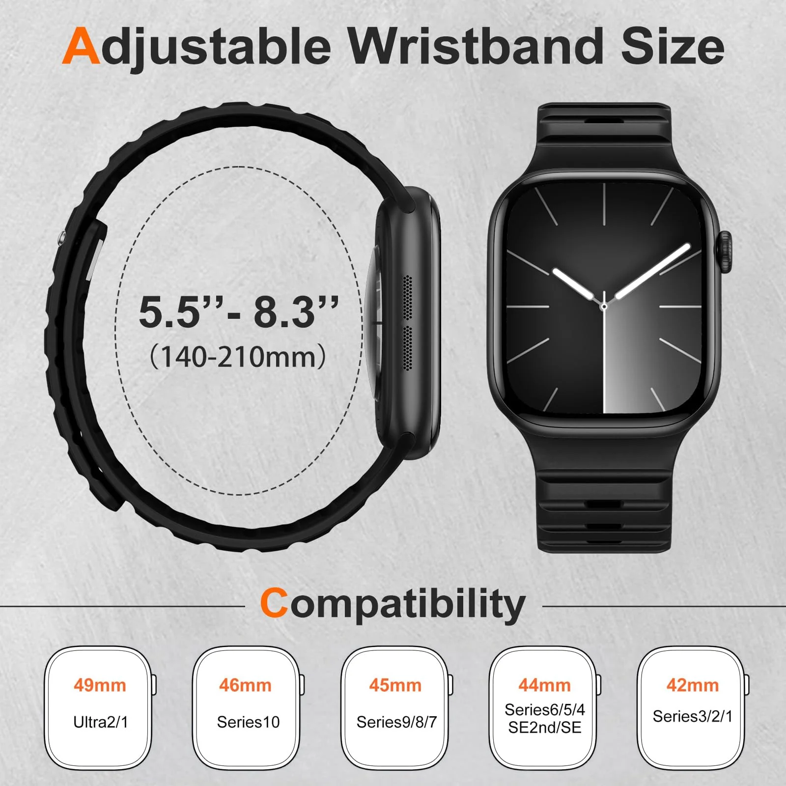 DL3 MOBILAK Adjustable Silicone Sports Watch Strap for 49MM - Black
