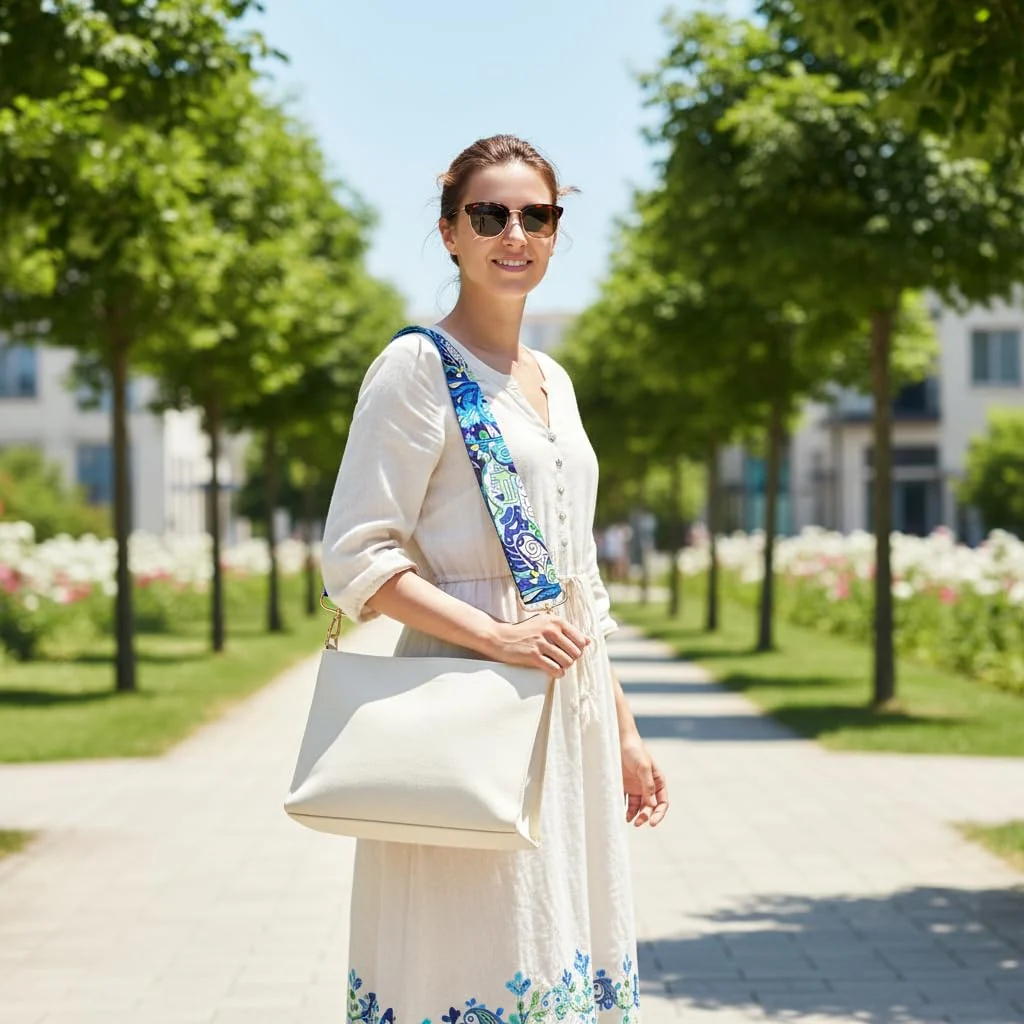 DL3 Mobilak Adjustable Wide Crossbody Bag Strap for Women, Replacement Shoulder Strap for Handbags, Totes & Purses with Elegant Embroidered Pattern and Metal Hooks - Blue Green