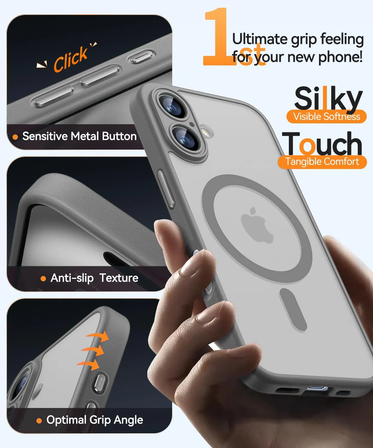 DL3 Mobilak Matte MagSafe-Compatible Magnetic Case for iPhone 16 with Camera Protection and Magnetic Car-Mount Support - Gray