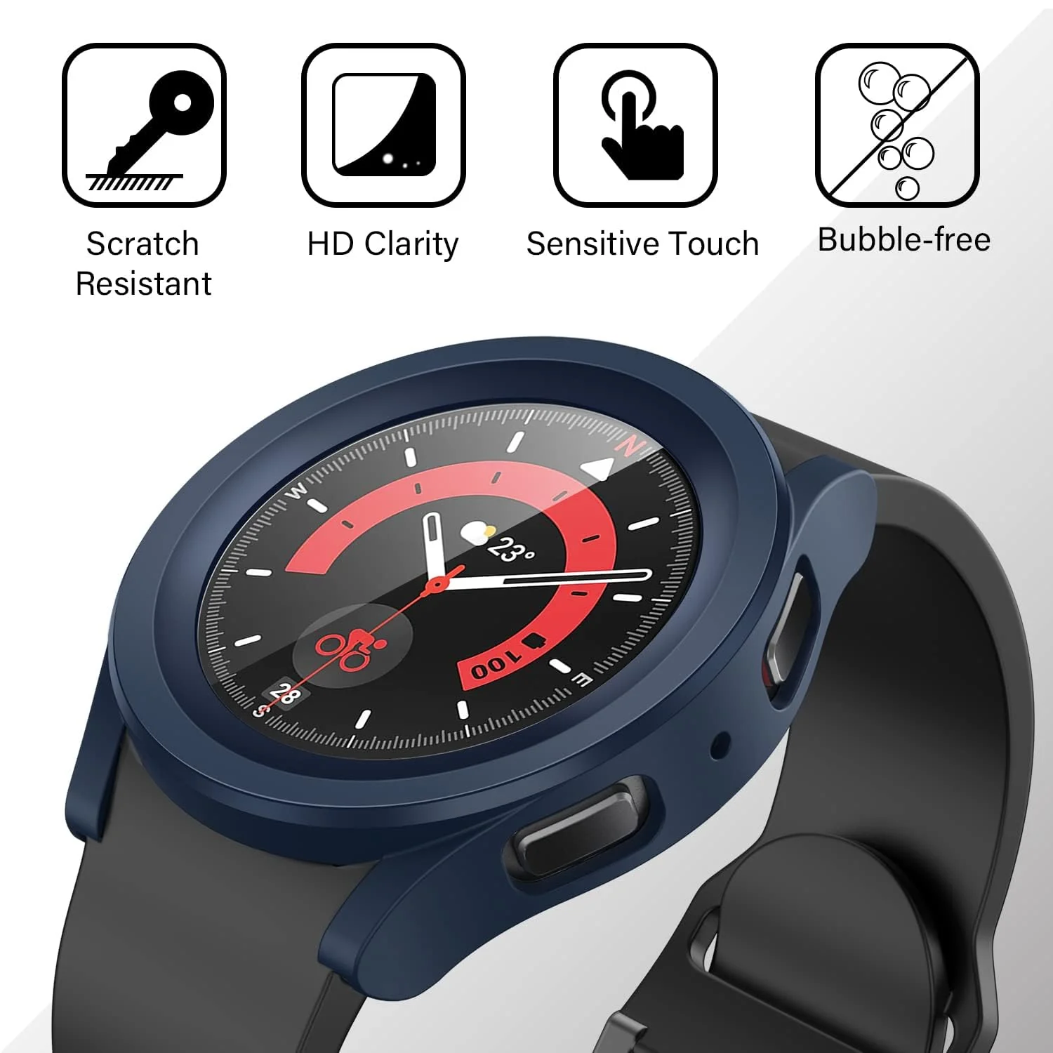 DL3 Mobilak Protective Case Compatible with Samsung Galaxy Watch 5 Pro 45mm 9H Hardness PC Case Bumper Full Slim Protective Cover with Tempered Glass For Samsung Galaxy Watch5 Pro 45mm - Blue