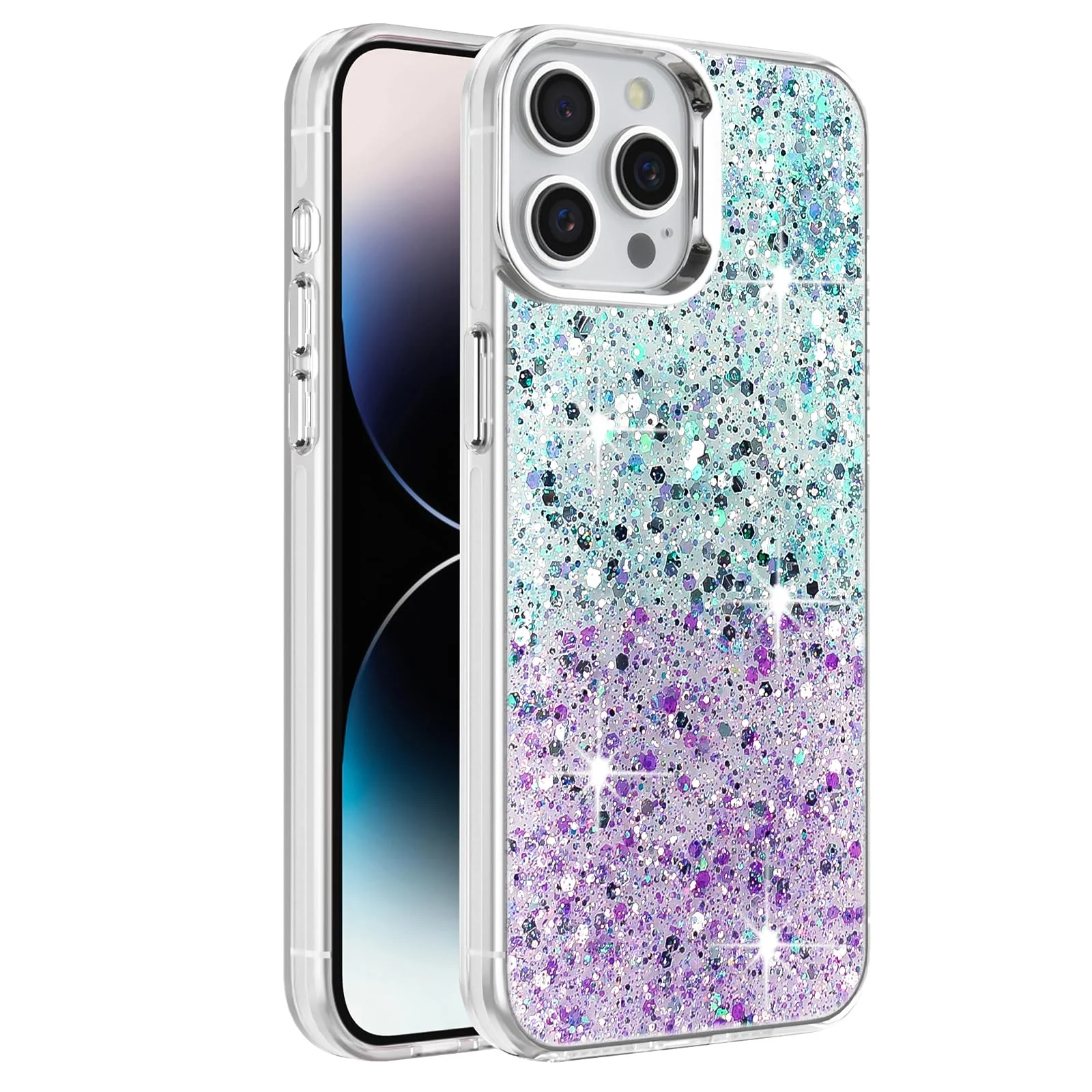 DL3 Mobilak Compatible with iPhone 14 Pro (6.1 Inch) Case, Clear Glitter Bling Sparkly, Soft TPU Frame Bumper, Hard-Back Cover for Women & Girls, Transparent Protective Phone Case - Green Purple