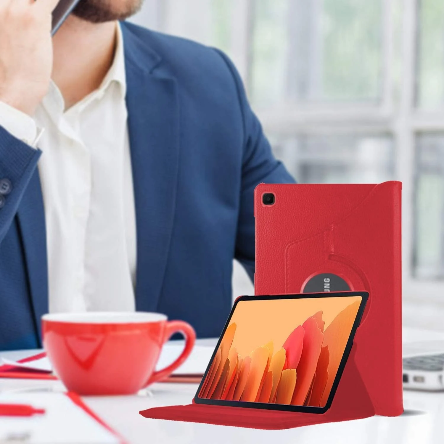 DL3 Mobilak Protective Cover for Samsung Galaxy Tab A 2019 10.1 Inch (SM-T510 SM-T515), 360° Rotatable Smart Stand, Leather Folio Flip Cover with Multi-Angle Viewing, Auto Wake Sleep - Red