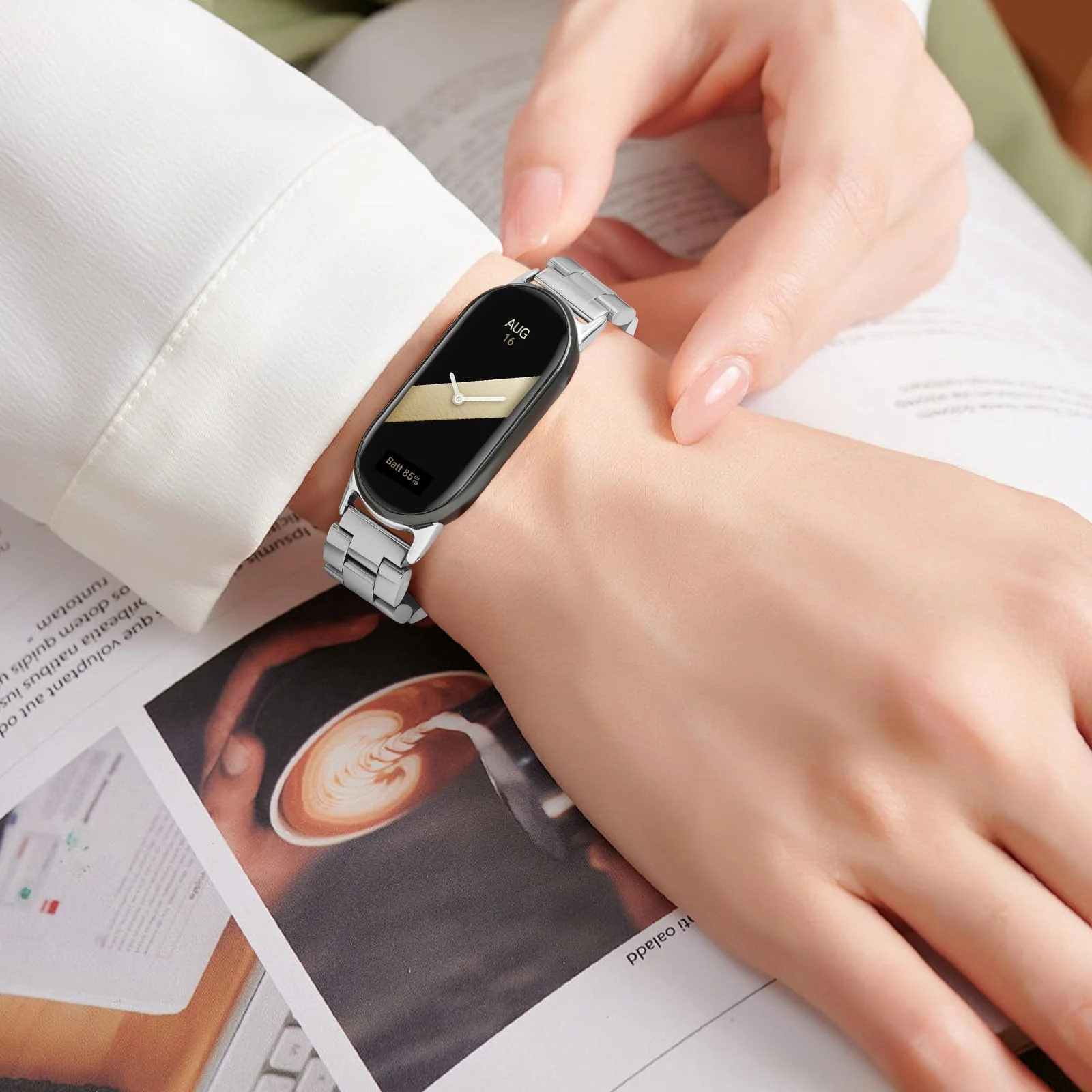 MOBIGON Stainless Steel Bracelet Strap with Double-Folding Clasp for Xiaomi Smart Band 8 / 9 / 10, Silver