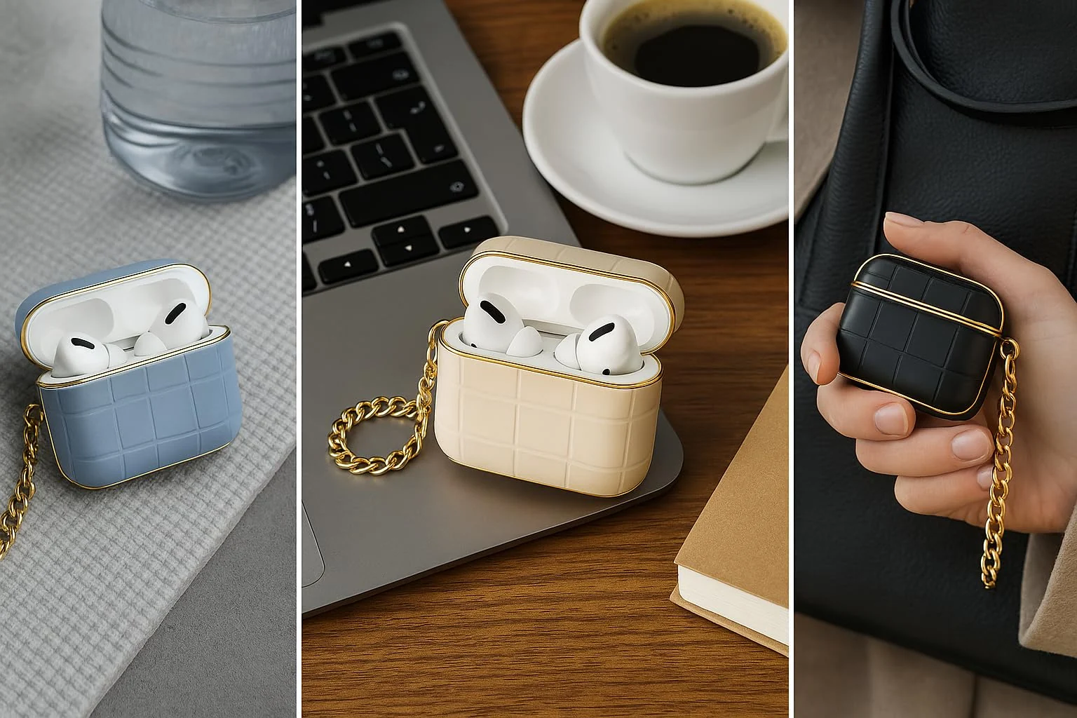 DL3 Mobilak Luxury AirPods Pro 1/2 Case with Gold Chain, Crocodile Pattern PU Leather Protective Cover for Apple AirPod Pro 2nd/1st, Shockproof, Stylish Gift for Women & Men - Elegant Black