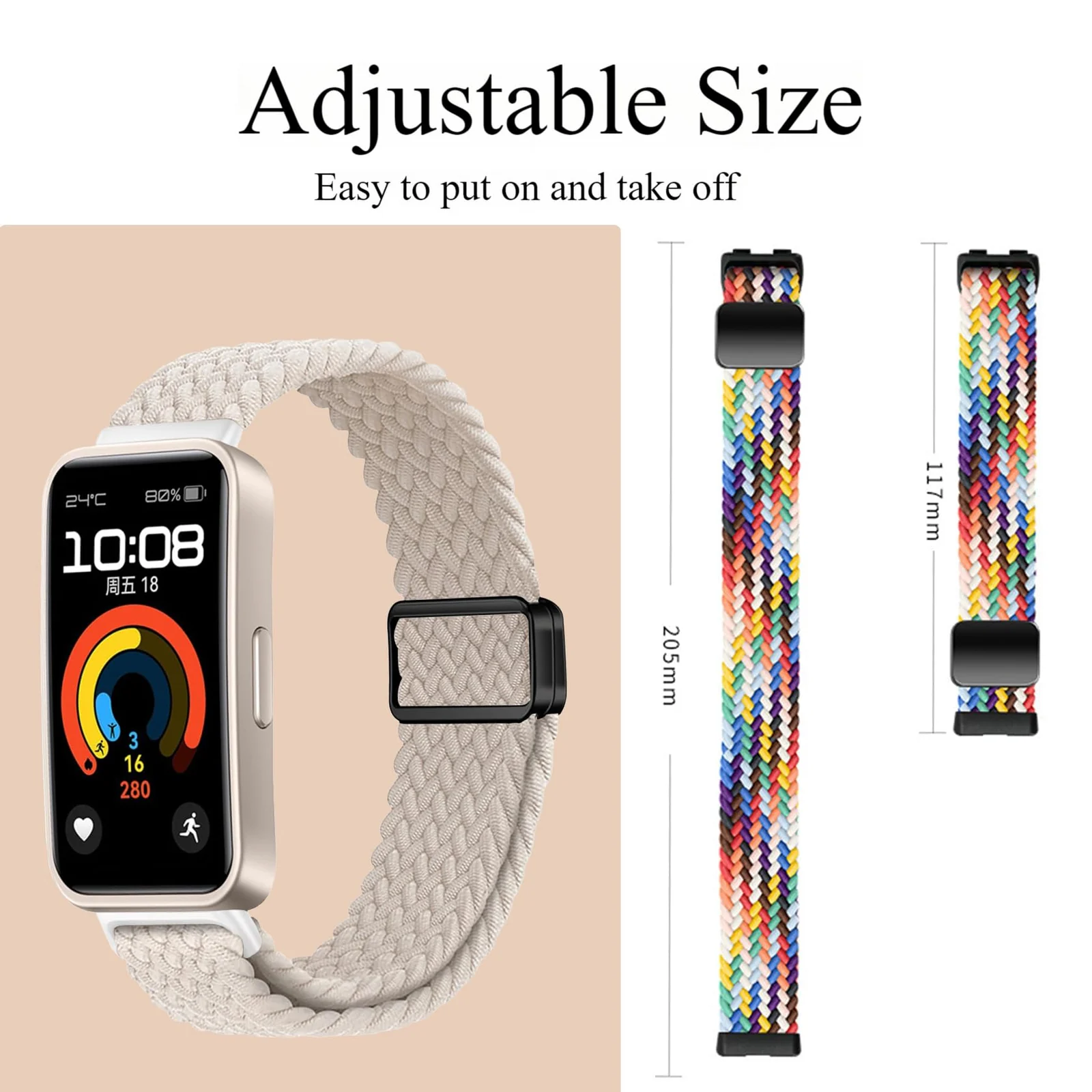 DL3 Mobilak Braided Strap for Huawei Band 9/Huawei Band 8 for Men Women, Adjustable Nylon Sport Elastic Loop Band with Magnetic Clasp for Huawei Band 9/Huawei Band 8 Smartband - Starlight