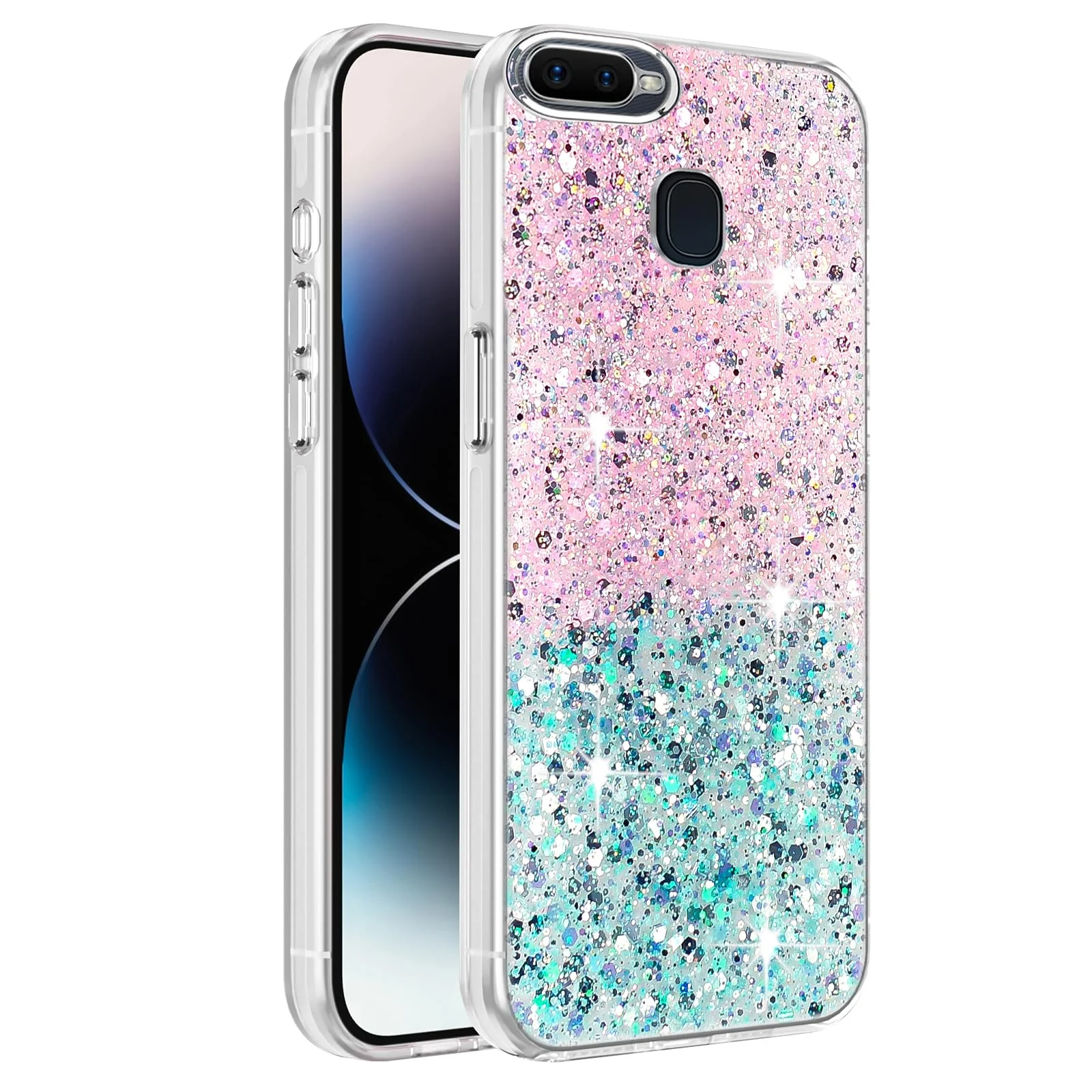 DL3 Mobilak Compatible with OPPO F9/F9 Pro/A5/A5S/A12 /A7 Case, Clear Glitter Bling Sparkly, Soft TPU Frame Bumper, Hard-Back Cover for Women & Girls, Transparent Protective Phone Case - Pink Green