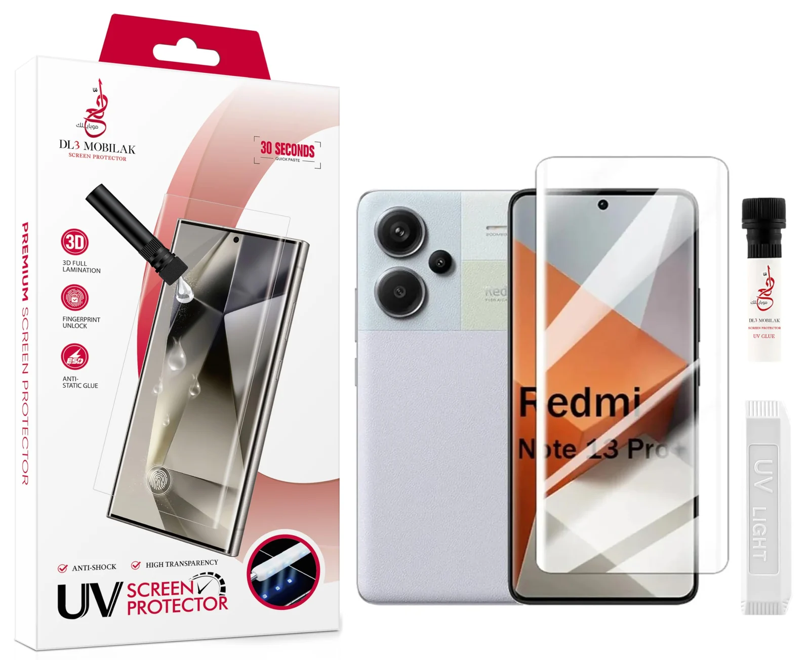 DL3 Mobilak Screen Protector Xiaomi Redmi Note 13 Pro+ Plus [Liquid UV Tempered Glass] Full Screen adhesive [Sensitive Touch][Fingerprint Sensor Compatible] HD - Clear