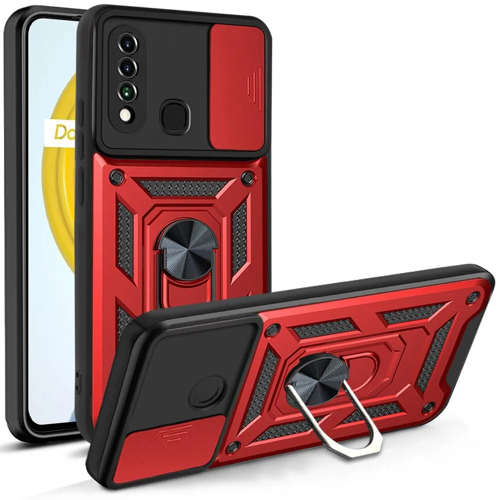DL3 Mobilak Military-Grade Protective Case with Sliding Camera Cover, Metal Ring Kickstand and Magnetic Car-Mount Support for Huawei P30 Lite / Nova 4E - Red