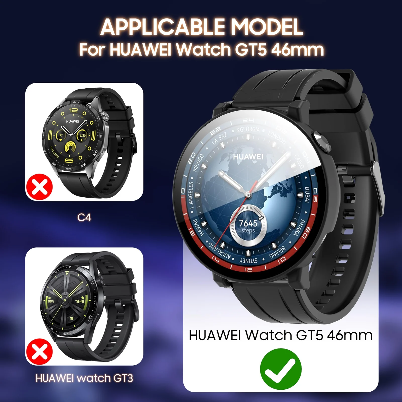 DL3 Mobilak Case with Screen Protector for Huawei Watch GT5 46 mm, Bumper Full Coverage Hard PC Overall Protective Cover, Built-in Tempered Glass Film High Sensitivity For Huawei GT 5 46mm - Black