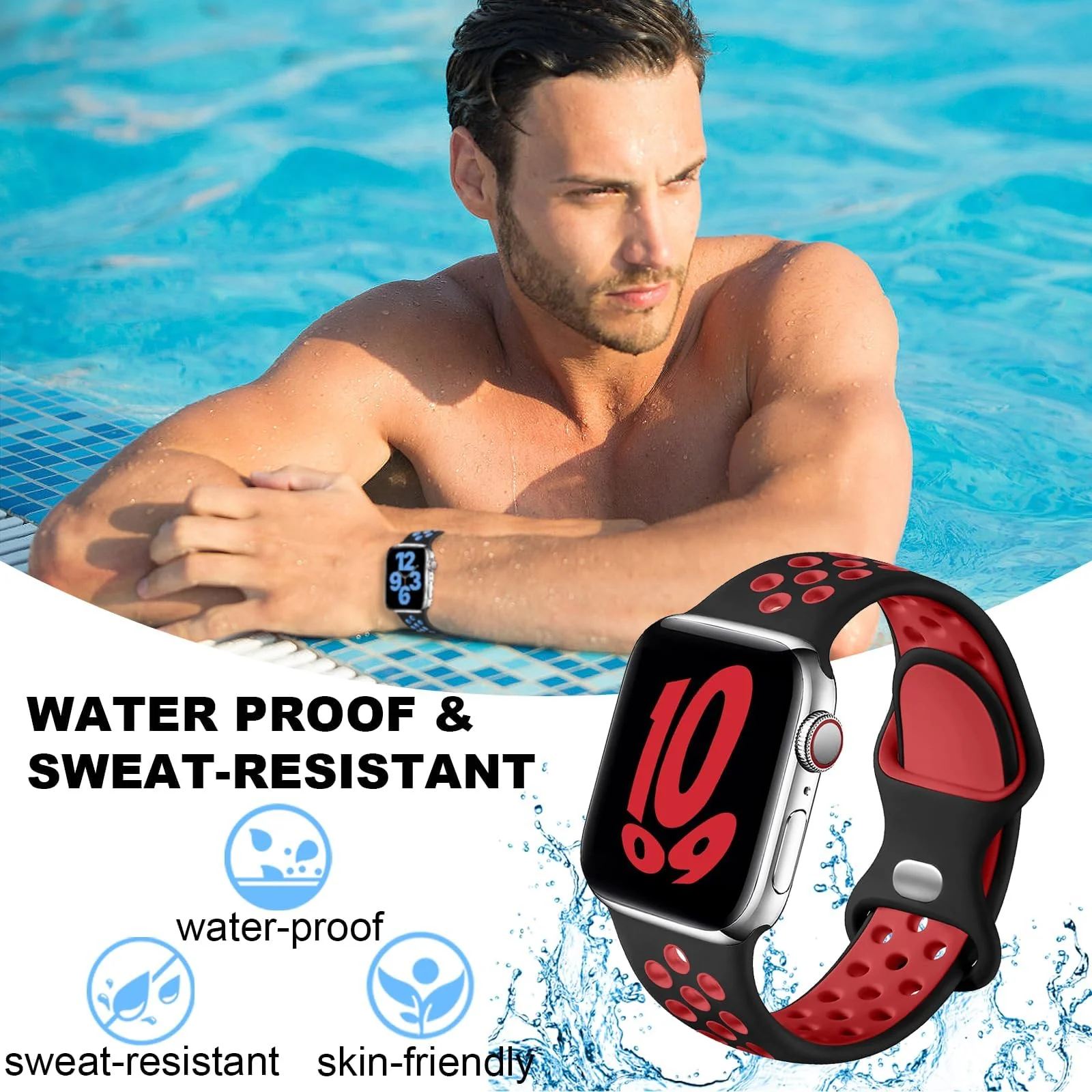 DL3 Mobilak Sport Strap For Apple Watch 49mm 45mm 44mm 42mm 41mm 40mm 38mm, Breathable Silicone Double Hole Band, for iWatch Ultra 2 Series 9 8 7 6 5 4 3 SE (&, 42mm/44mm/45mm/49mm) - Black & Red