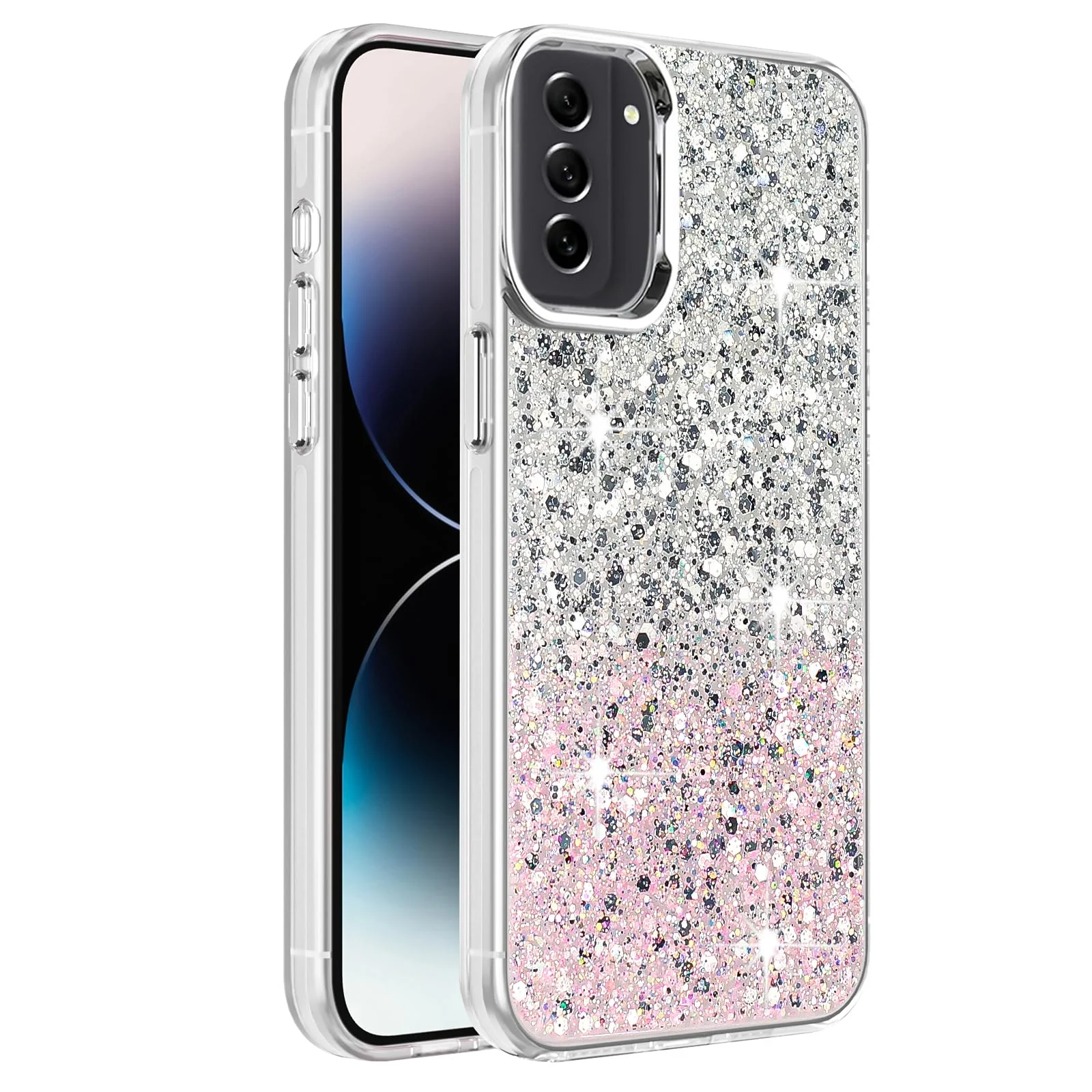 DL3 Mobilak Glitter Protective Case for Samsung Galaxy S23 5G, Supports wireless charging, Camera protection, Shock-absorbing protection - White Pink