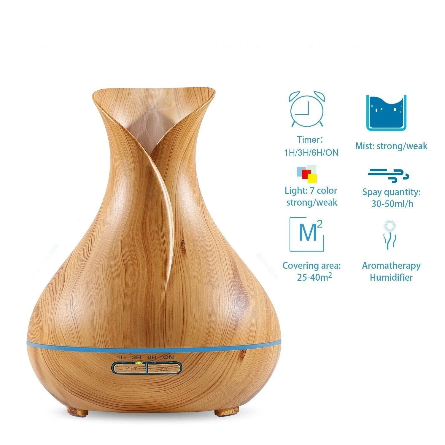 Mobigon Essential Oil Diffuser, Aromatherapy Diffuser 500ml with Remote Control, 4 Timer & Auto-Off Safety Switch, 7 Color LED Lights Mode, 10 Hours Quiet Humidifier for Bedroom - Light Woody