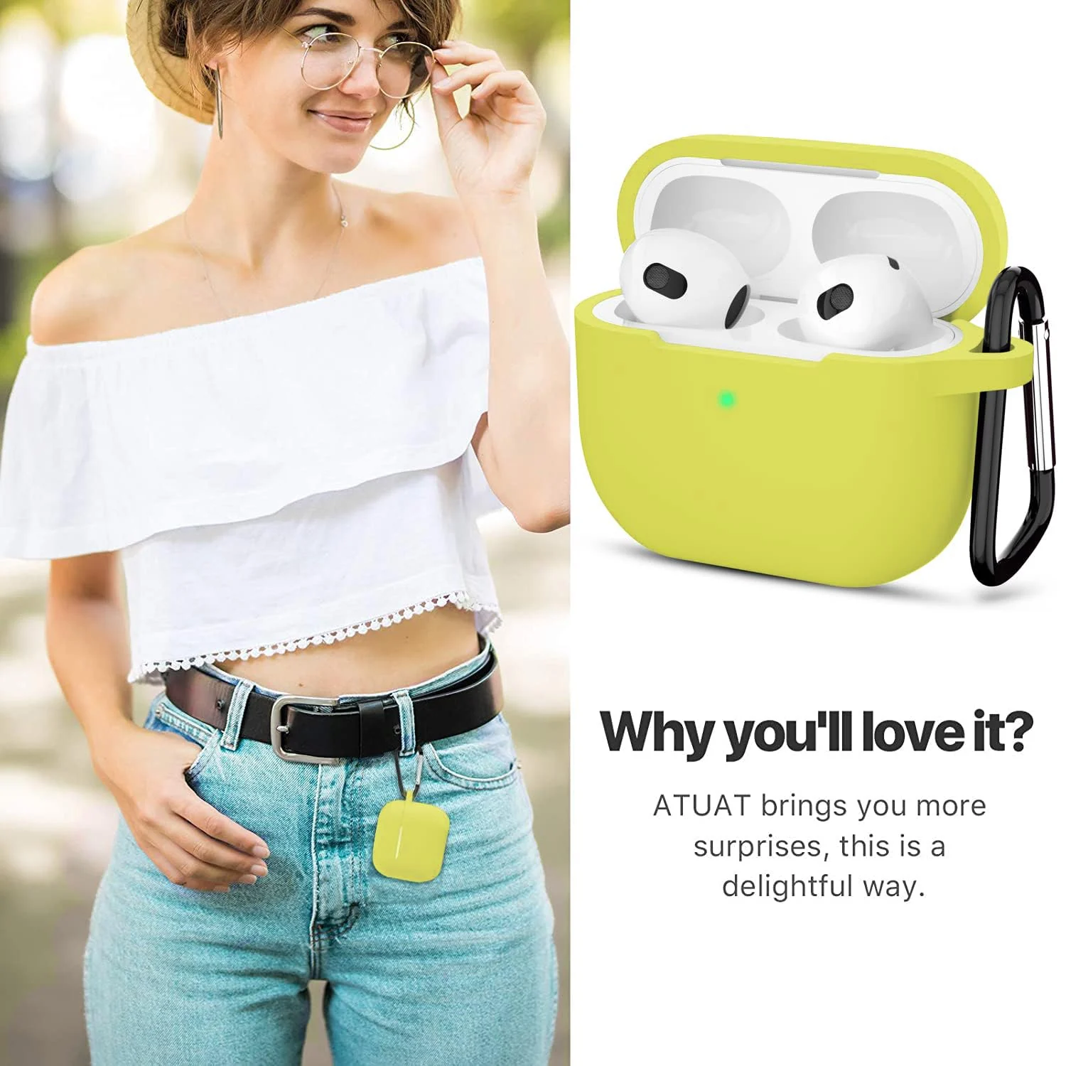 DL3 Mobilak AirPods 3 Case Cover, Silicone Protective Accessories Skin with Keychain Compatible with Apple AirPod 3rd Generation 2021 for Women Girl, Front LED Visible - A. Yellow