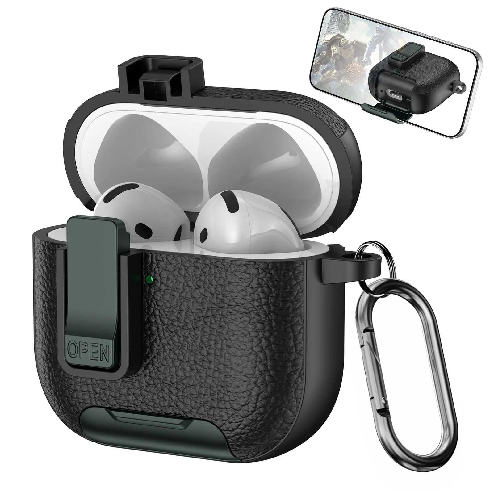 Mobigon for Apple AirPods 3 Leather Case with Secure Lock Clip, Support Wireless Charge, Stand and Charging Port Dustproof Design with Carabiner for AirPods 3