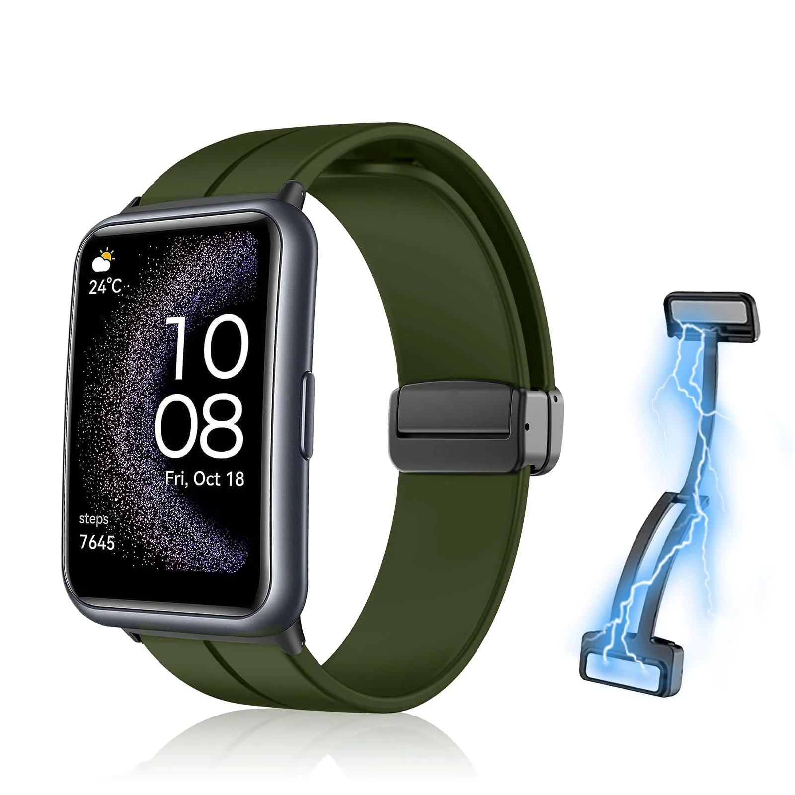 DL3 Mobilak Silicone Strap Compatible with Huawei Watch Fit Magnetic Metal Stainless Buckle Sport Silicone Strap for Huawei Watch Fit Band Quick Release Soft Replacment Wristband - Army Green
