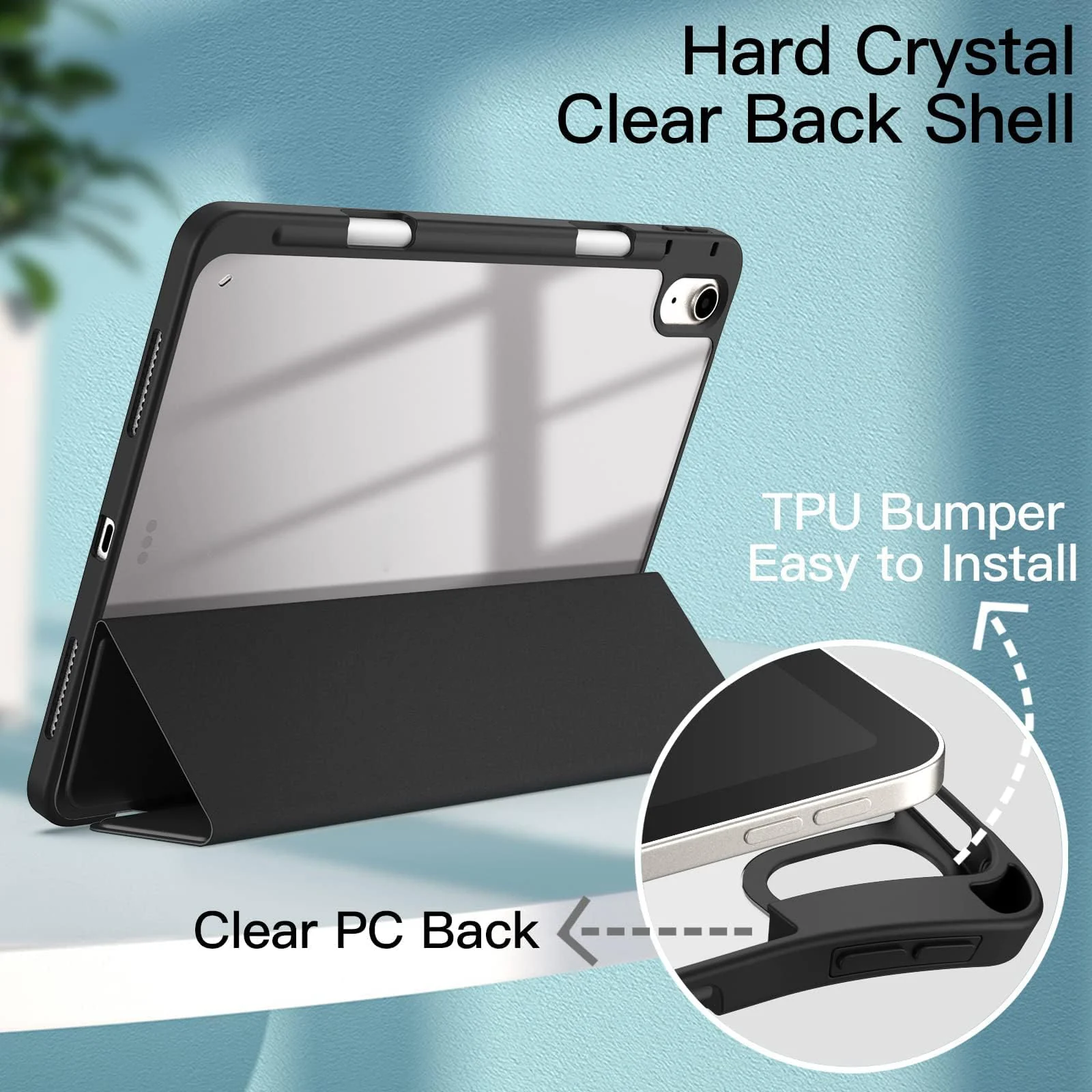 DL3 MOBILAK Case for For iPad Air 11-Inch M2 (2024), iPad Air 5/4 (2022/2020 5th/4th 10.9-Inch), Clear Shockproof Back Cover Built-in Pencil Holder,Auto Sleep/Wake - Black