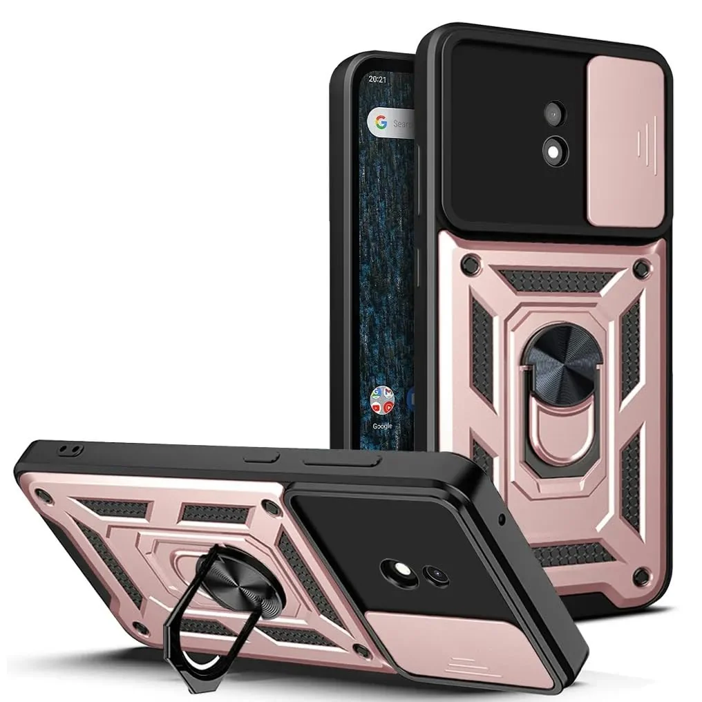 DL3 Mobilak Military-Grade Protective Case with Sliding Camera Cover, Metal Ring Kickstand and Magnetic Car-Mount Support for Nokia C1 - Rose Gold