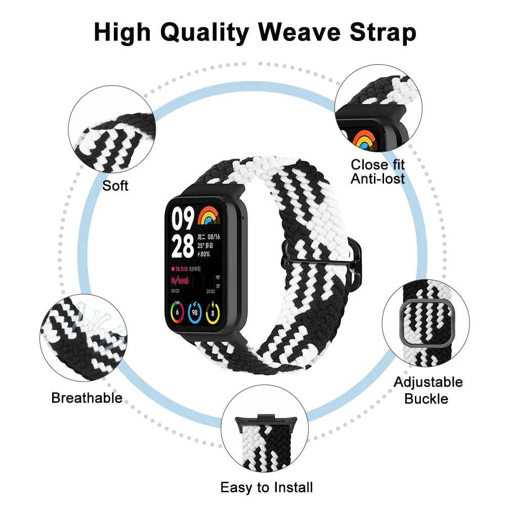 DL3 Mobilak Braided Band For Redmi 4/5 / 6 / Xiaomi Smart Band 8 Pro/Band 9 Pro for Women Men, Adjustable Braided Bands Straps Elastics Sport Wristband Nylon Strap - Black White