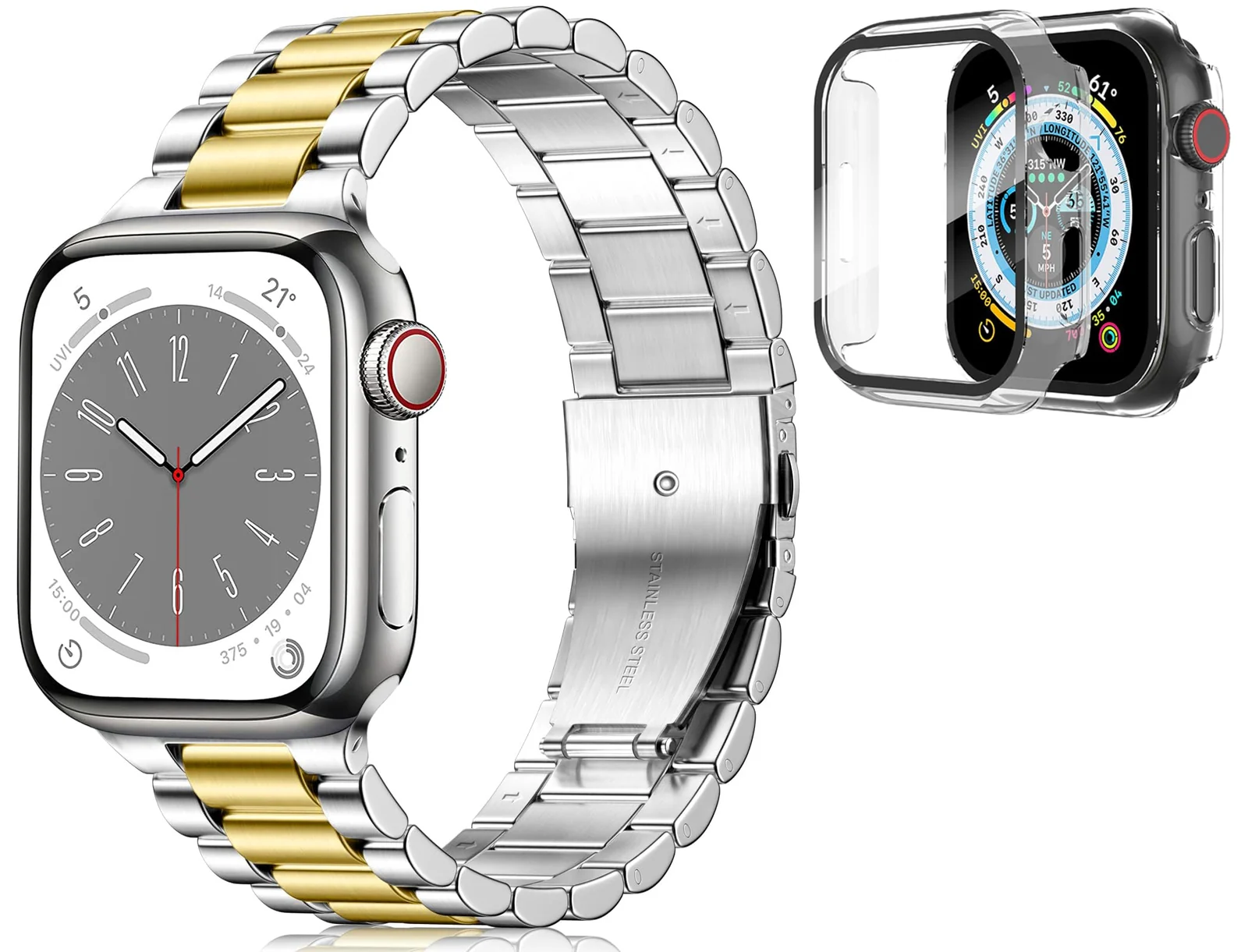 DL3 Mobilak Stainless Steel Band with Case Compatible with Apple Watch Band Series 9/8/7 45mm, Men Woman Business Metal Strap with Protective Bumper Cover for iWatch Series 7/8/9 45mm - Silver Gold