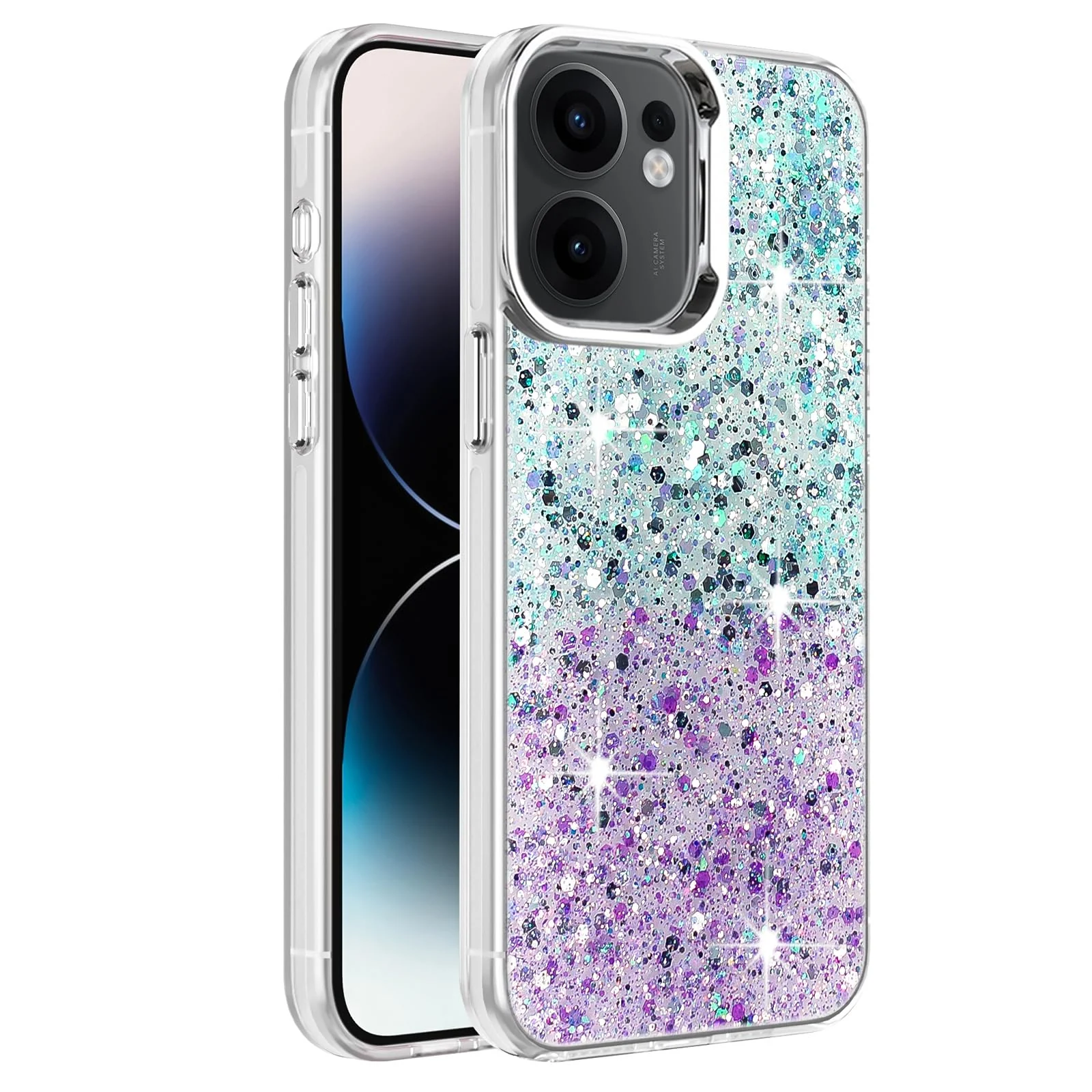 DL3 Mobilak Glitter Protective Case for OPPO Reno13 F / Reno 13F, Supports wireless charging, Camera protection, Shock-absorbing protection - Green Purple