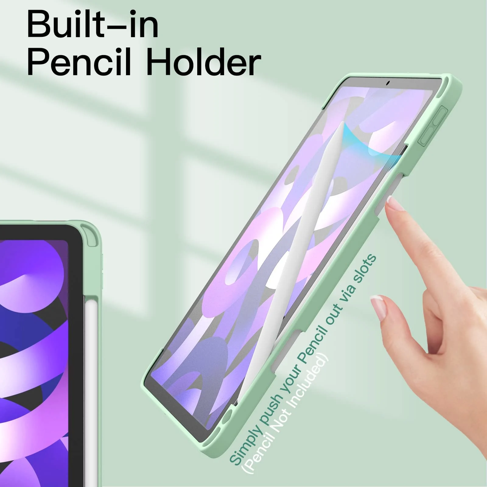 DL3 Mobilak Case for For iPad Air 11-Inch M2 (2024), iPad Air 5/4 (2022/2020 5th/4th 10.9-Inch), Clear Shockproof Back Cover Built-in Pencil Holder, Auto Sleep/Wake - Mint Green