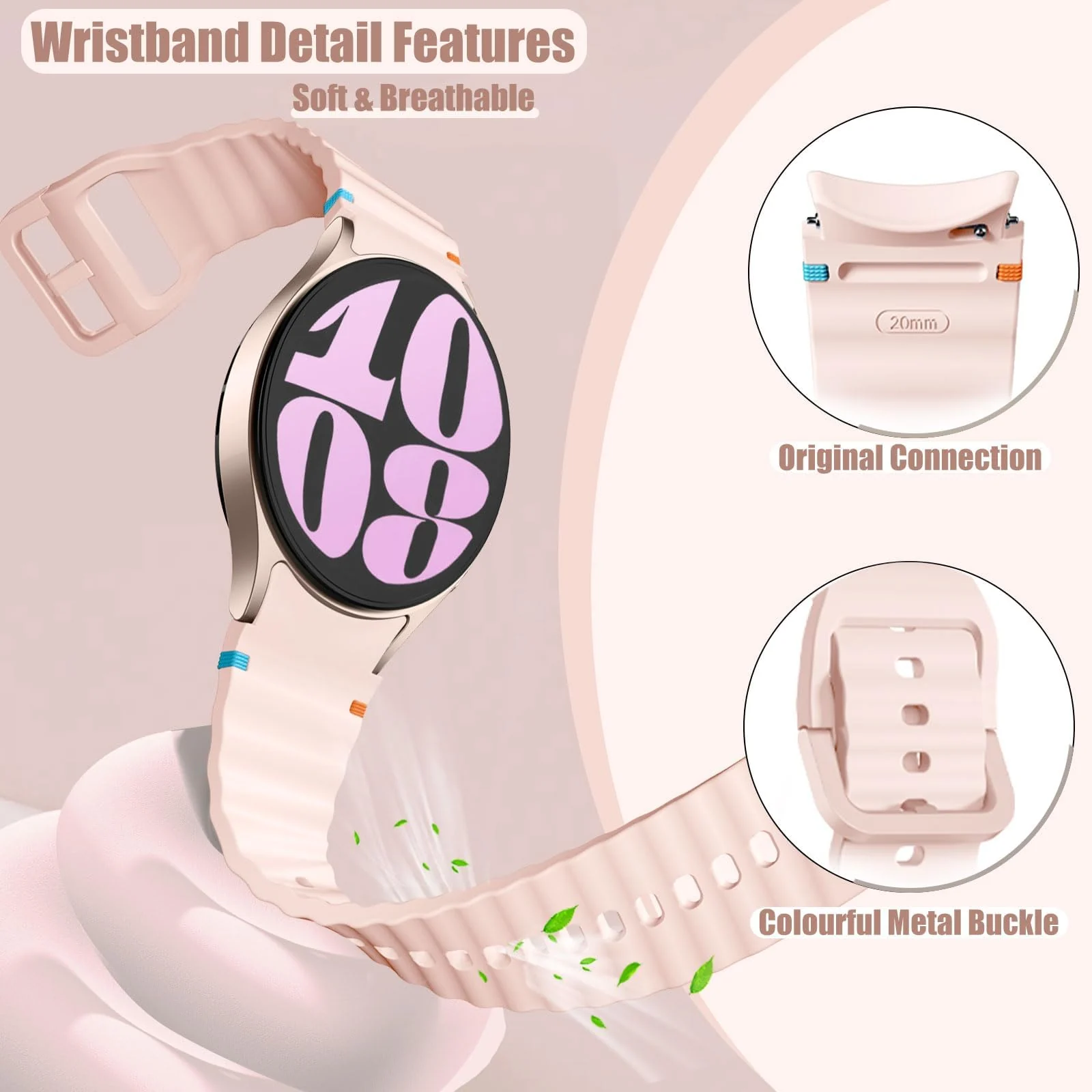 DL3 Mobilak No Gap Sport Bands For Samsung Galaxy Watch 7 6 5 4 FE Strap 40mm 44mm, Soft Silicone Sport Band for Galaxy Watch 6 Classic Straps 47mm 43mm/Galaxy Watch 5 Pro/Watch 4 Classic 42mm 46mm for Men Women - Pink