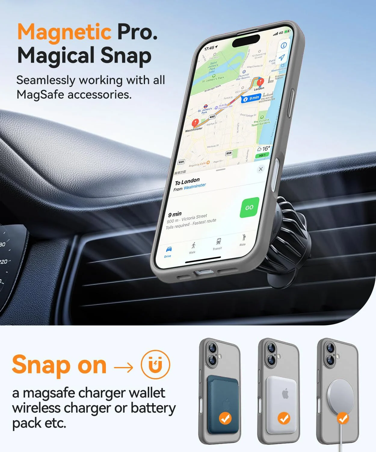 DL3 Mobilak Matte MagSafe-Compatible Magnetic Case for iPhone 16 with Camera Protection and Magnetic Car-Mount Support - Gray