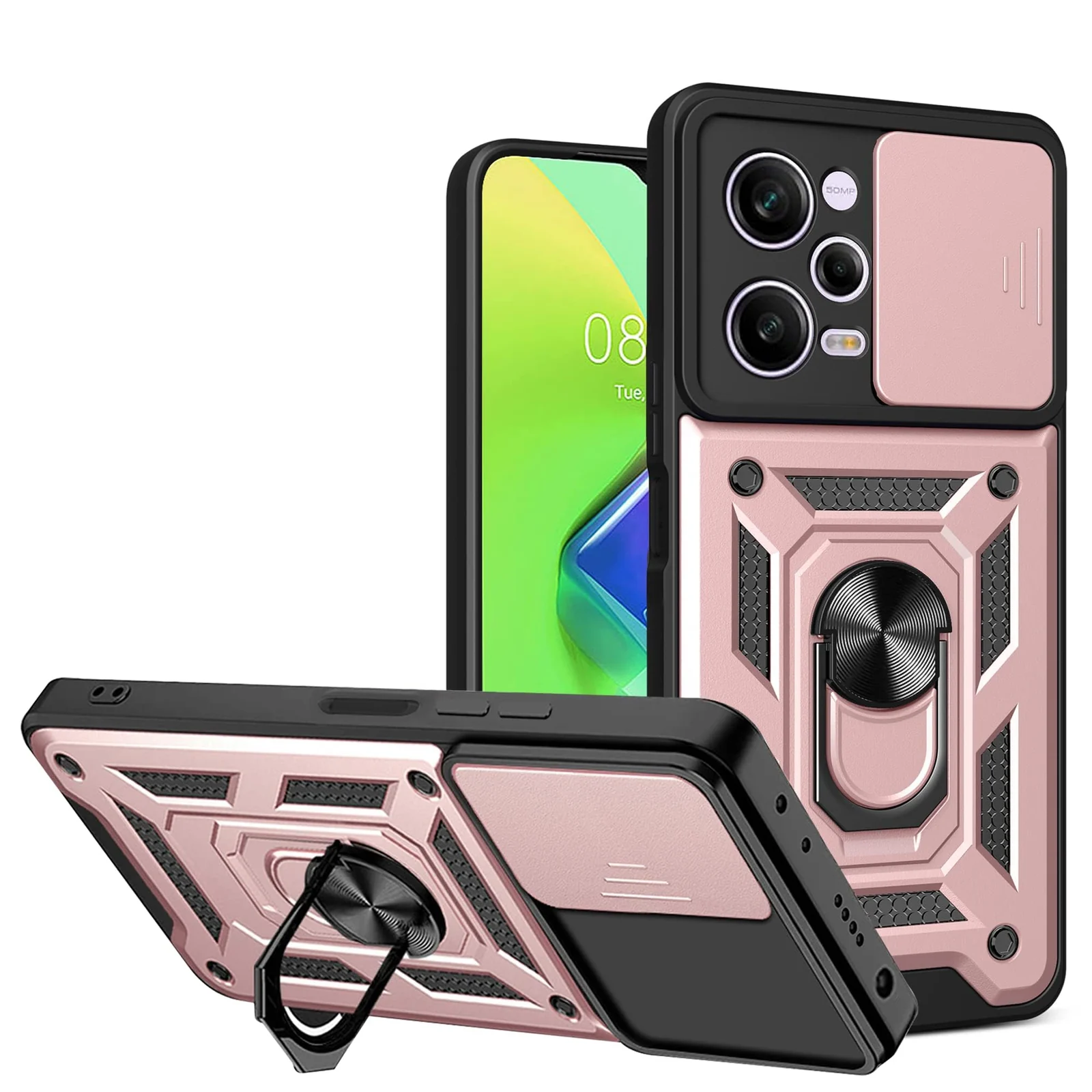 DL3 Mobilak Protective Case with Sliding Camera Cover, Metal Ring Kickstand and Magnetic Car-Mount Support for Xiaomi Redmi Note 12 Pro 5G / Poco X5 Pro 5G - Rose Gold