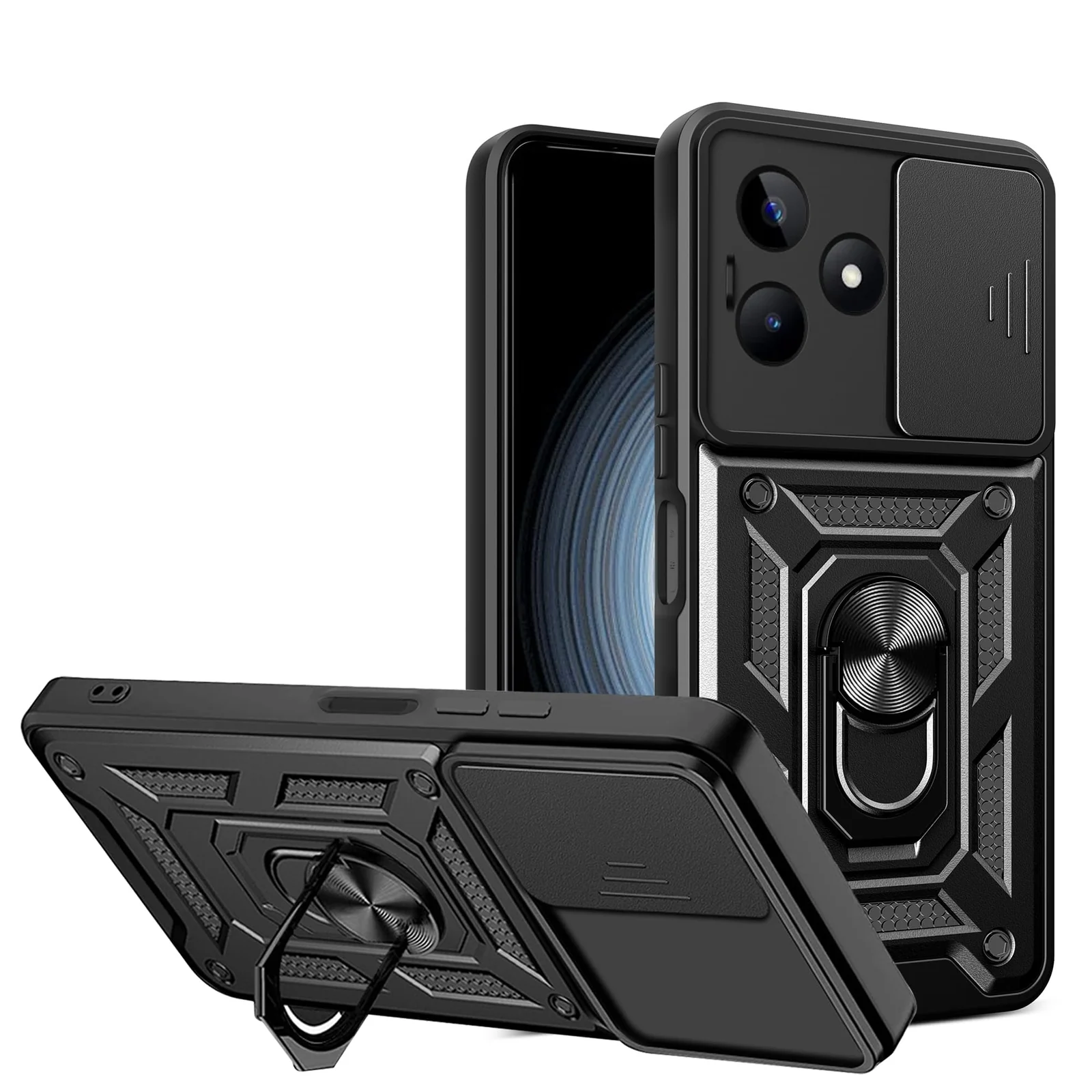 DL3 Mobilak Silicone Protective Case for realme C53 / Narzo N53 with Slide Camera, Built-in magnetic car-mount support, Shock-absorbing protection, Built-in kickstand - Black