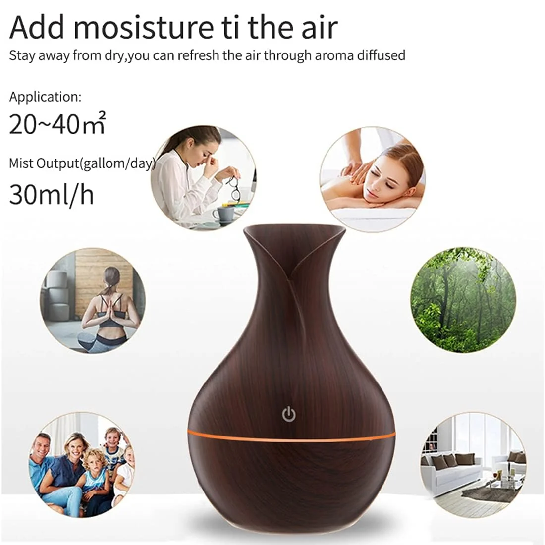 Mobigon Wood Cool Mist Ultrasonic Humidifier for Room Moisture, Aroma Diffuser for Home, 200ml Essential Oil Diffuser with 7 Colorful Night Light, Auto Shut-Off, Home, Office, car - E.Dark Brown