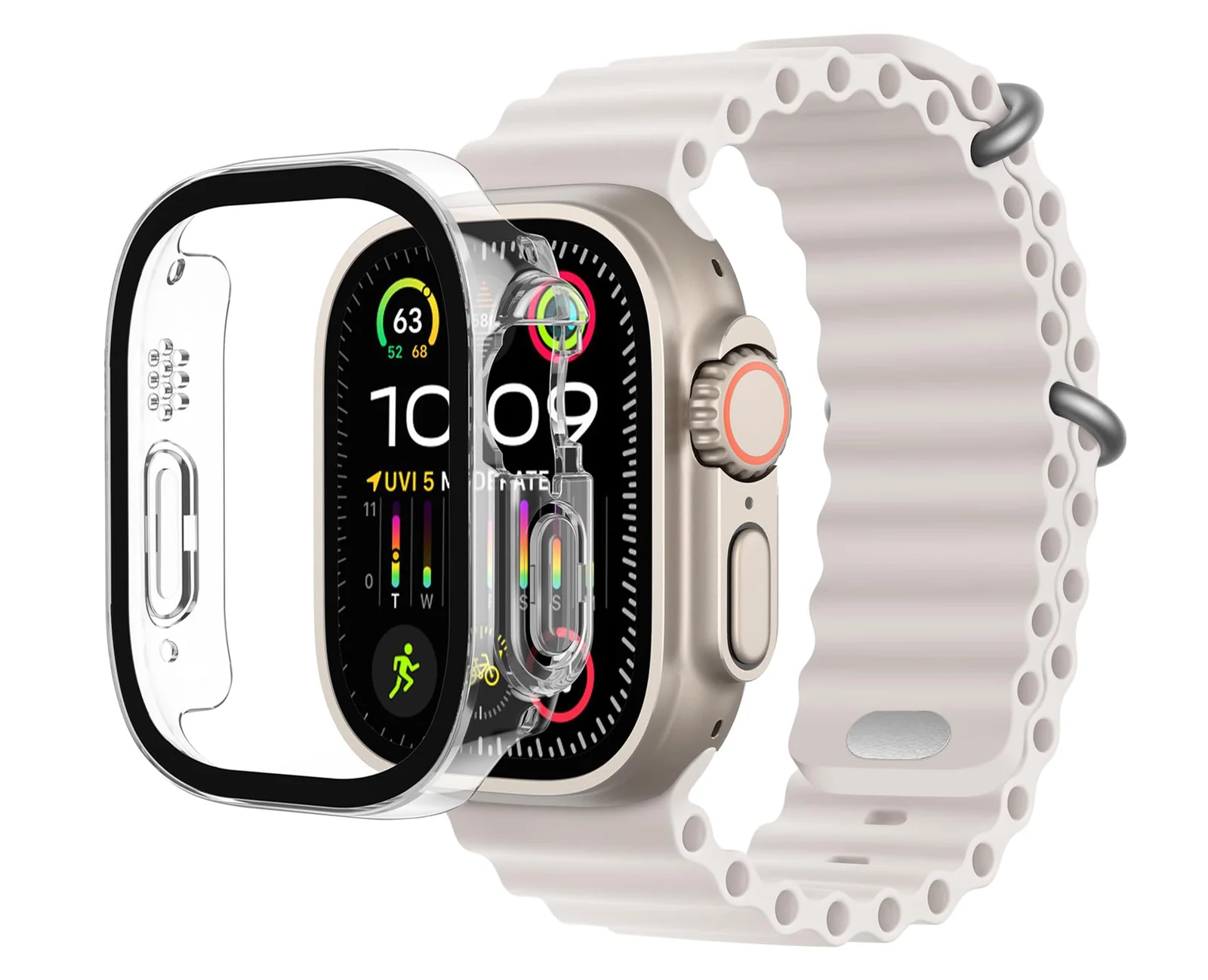 DL3 Mobilak Ocean Band with Case For Apple Watch Ultra 49mm, Adjustable Silicone Sport Loop Ocean Strap Men Women Strap With Protective Cover Screen Shockproof for iWatch Ultra 2 49mm - Starlight