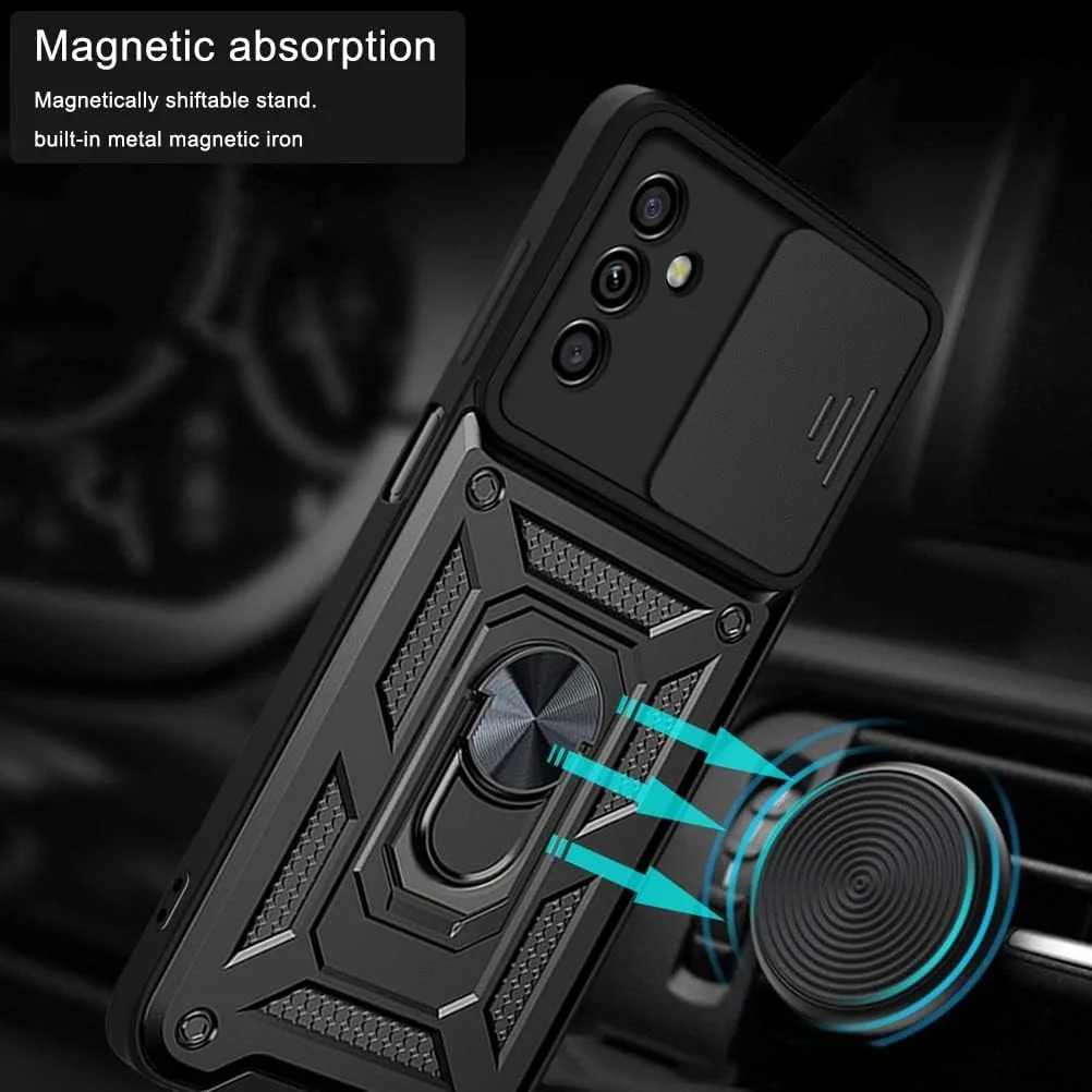 DL3 Mobilak Case for Samsung Galaxy A15 5G with Slide Camera Cover, Military Grade Shockproof Protective Cover with Rotatable Metal Ring Kickstand [Support Magnetic Car Mount] - Black