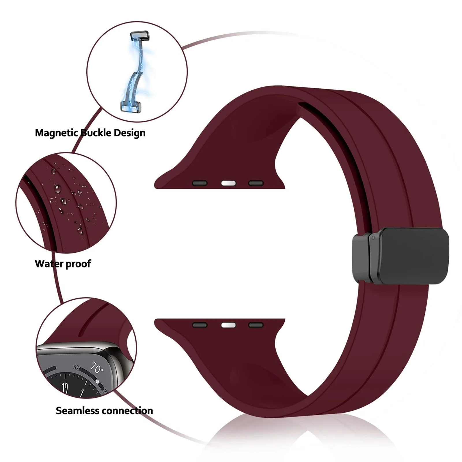 DL3 Mobilak Magnetic Bands for Apple Watch Ultra/Ultra 2 Band 49mm 45mm 44mm 42mm 41mm 40mm 38mm, Soft Sport Silicone Strap for iwatch Series 9/8/7/6/5/4 (Wine Red, 42mm/44mm/45mm/49mm), unisex-adult - Black