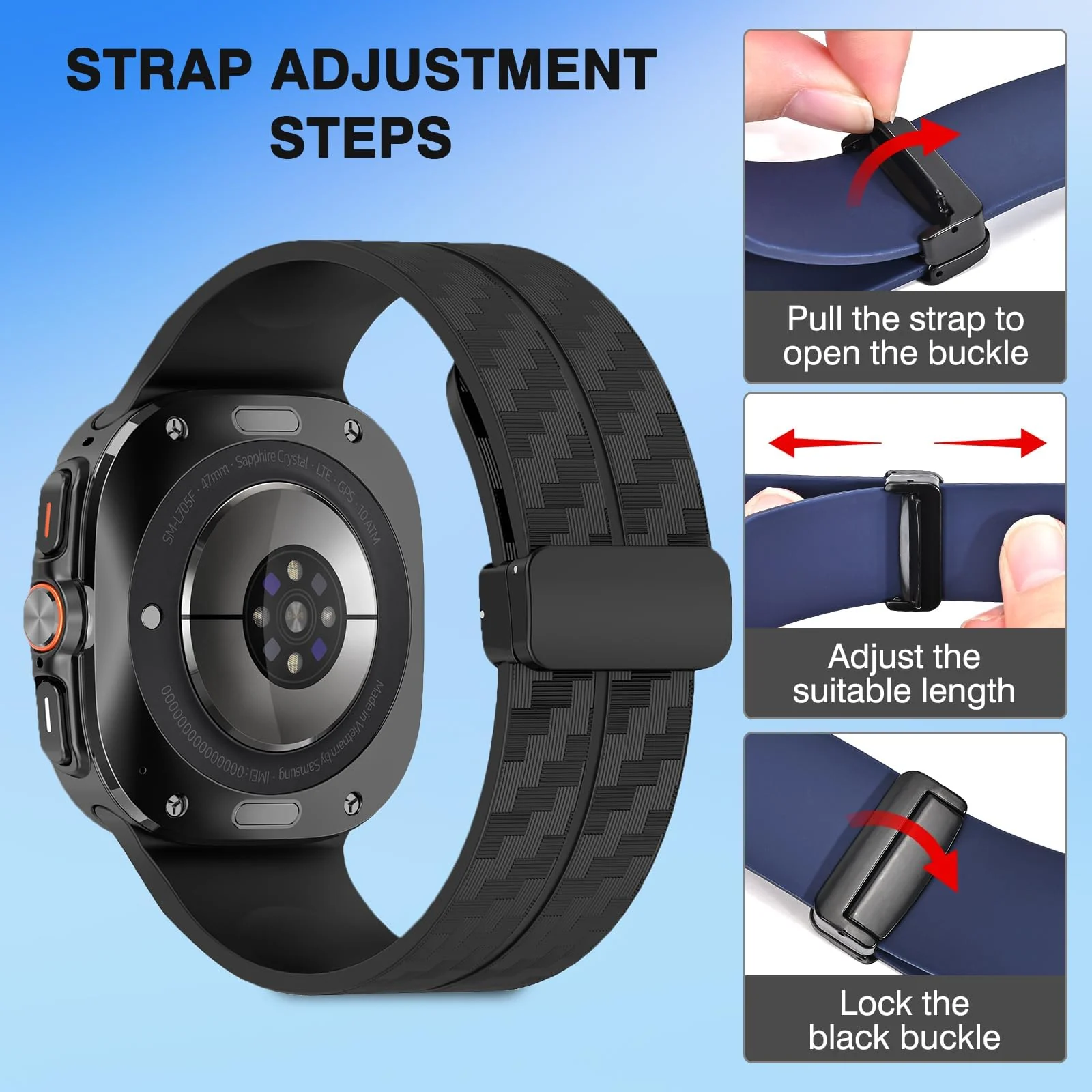 DL3 Mobilak Compatible for Samsung Galaxy Watch Ultra Band 47mm for Men Women, Soft Silicone Waterproof Sport Strap with Magnetic Clasp, Stylish Carbon Fiber Replacement Galaxy Watch 7 Ultra Bands - Black