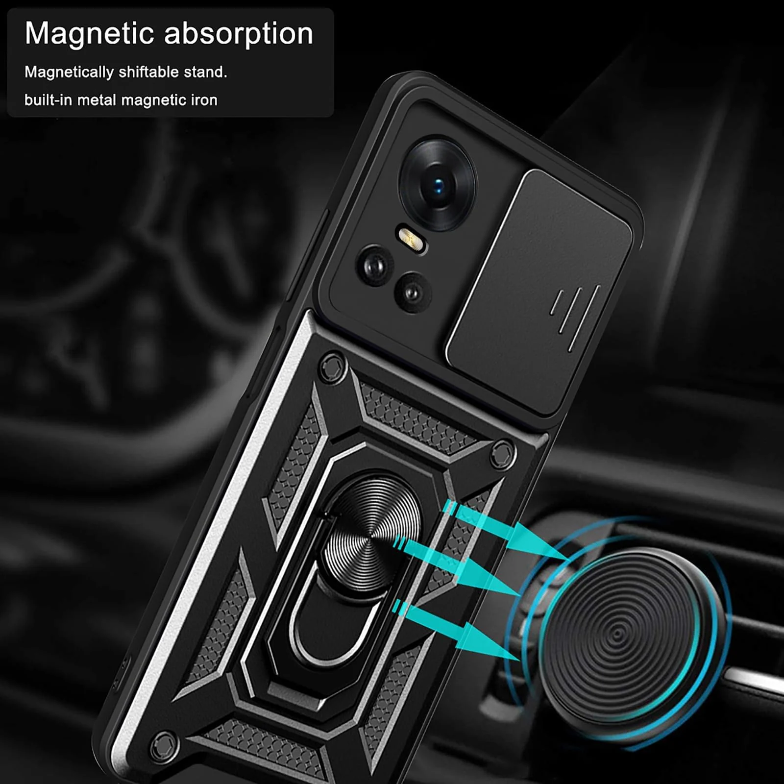 DL3 Mobilak Magnetic Car-Mount Case for OPPO Reno 10 5G / OPPO Reno 10 Pro 5G with Camera Protection and Built-In Kickstand - Black