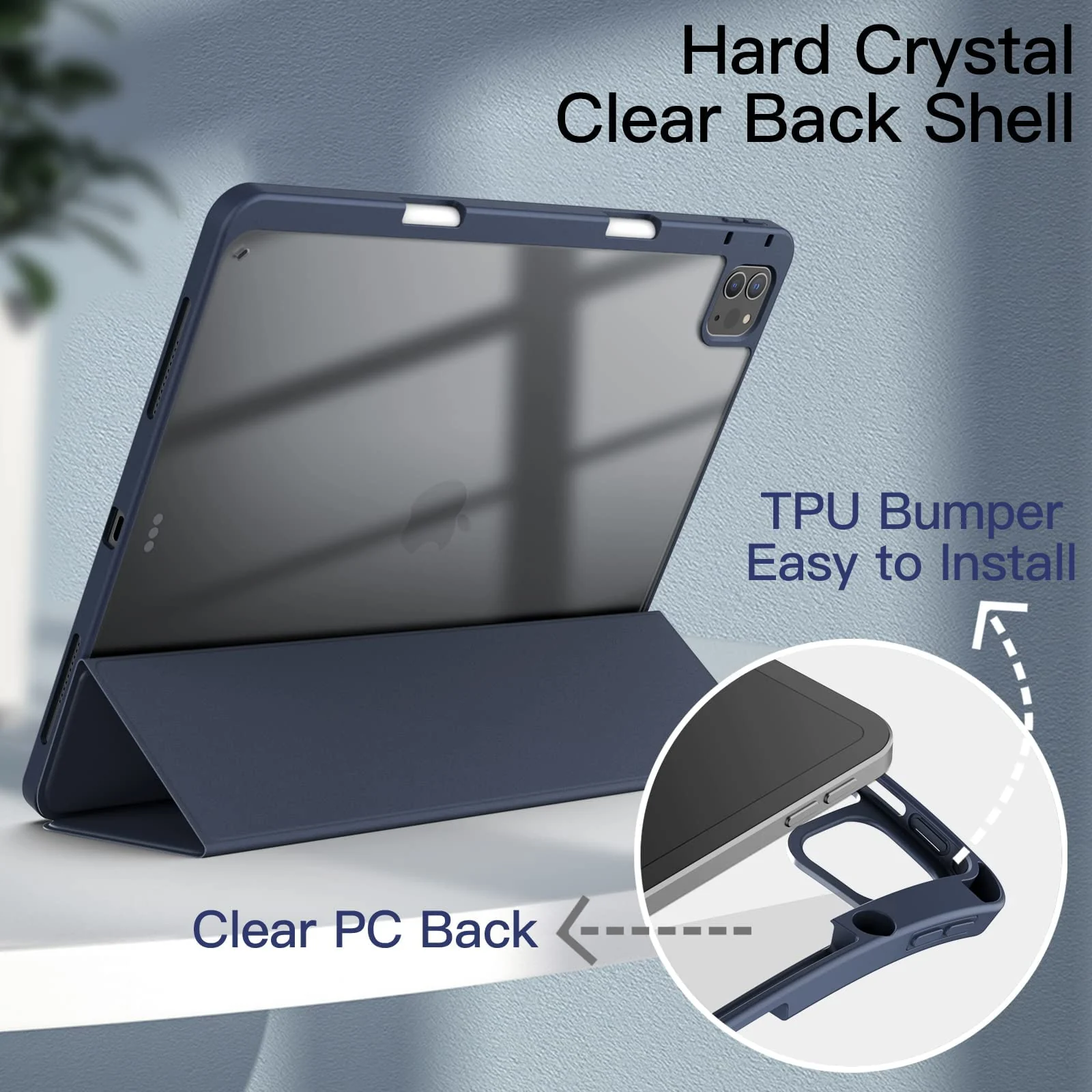 DL3 Mobilak for iPad Pro 12.9 Case 6th/5th/4th/3rd Generation 2022/2021/2020/2018, Clear Shockproof Back Cover Built-in Pencil Holder, Auto Sleep/Wake - Dark Blue