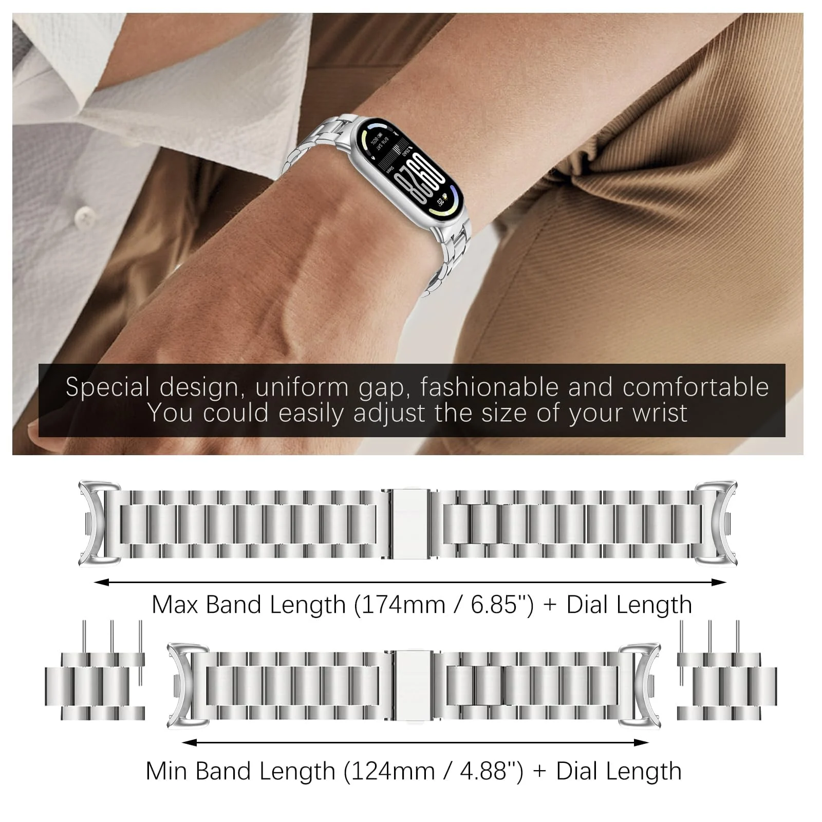 MOBIGON Stainless Steel Bracelet Strap with Double-Folding Clasp for Xiaomi Smart Band 8 / 9 / 10, Silver