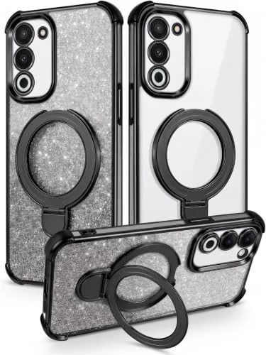 MOBIGON Glitter Phone Case with Magnetic Ring Stand for OPPO A5 4G, Black