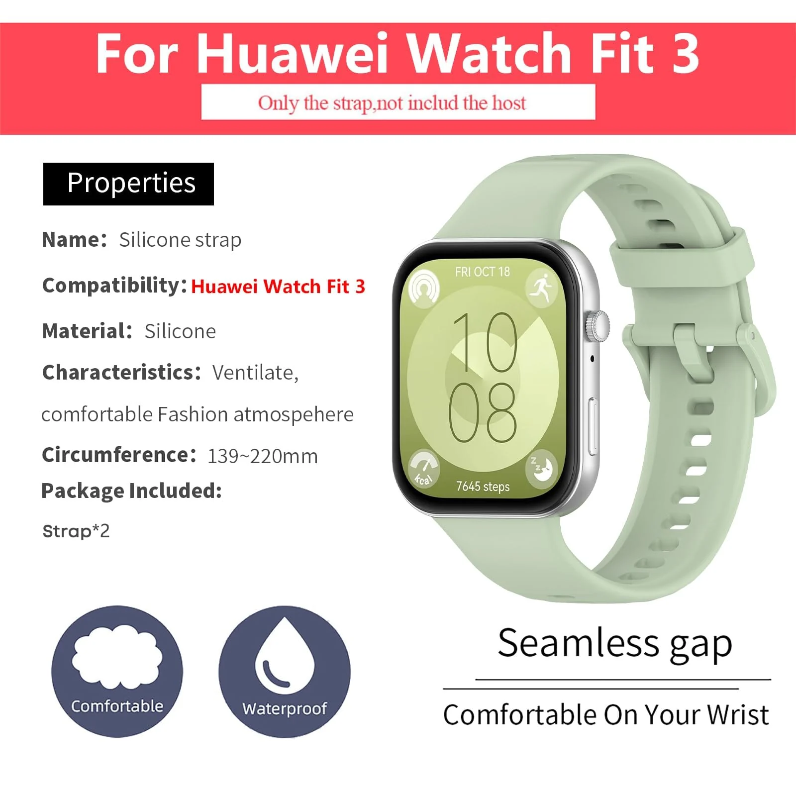 DL3 Mobilak Silicone Bracelet for Huawei Watch Fit 3/Watch Fit 4 Pro/Fit 4 Strap, Soft Silicone Sport Replacement Strap for Women/Men, Adjustable Waterproof Sports Band - Mint Green