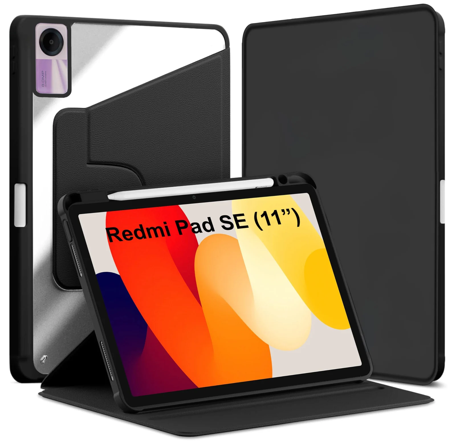 DL3 Mobilak Case for Xiaomi Redmi Pad SE 11 inch Tablet 2023, 360° Rotation Multi-angle Stand Slim Cover PU leather + Transparent Acrylic case with Pen Holder Auto Wake/Sleep - Black