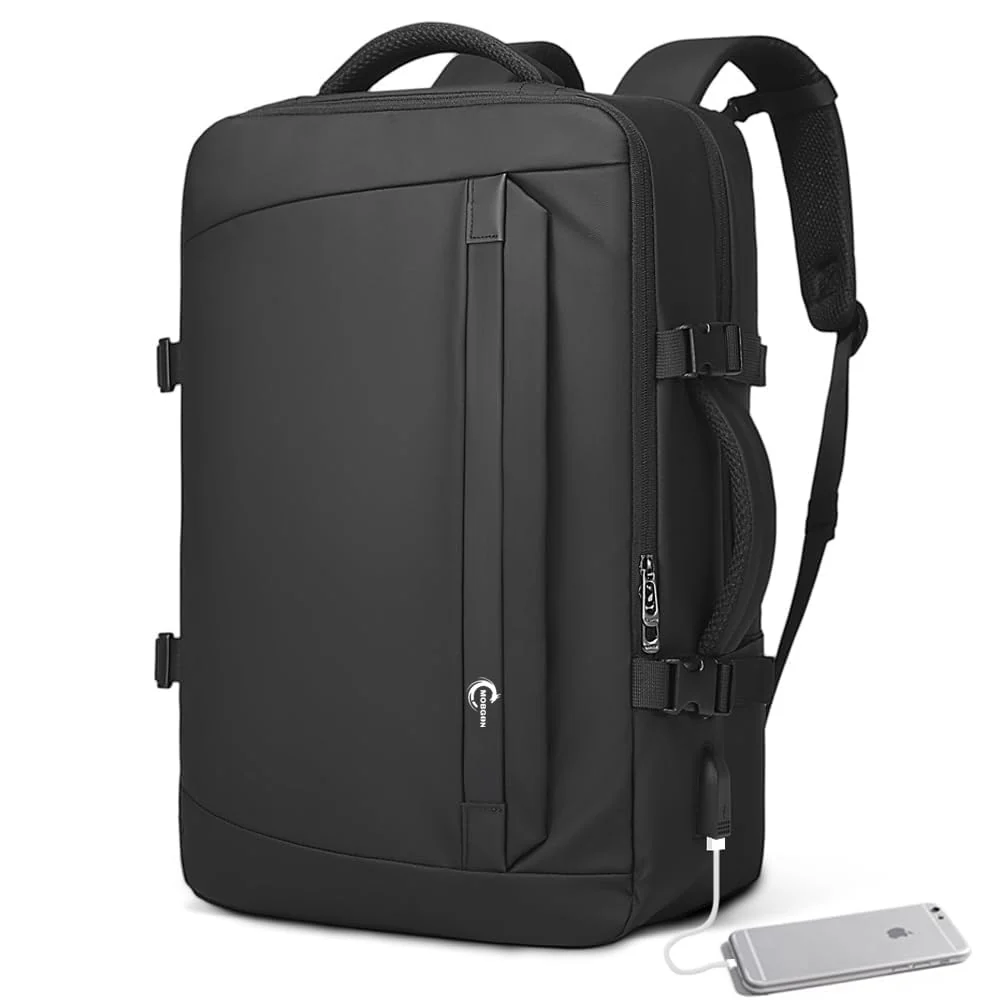Mobigon Men's Big Travel Backpack with USB Charging Port, 18 Inch Laptop Backpack, Waterproof Leather Business Rucksack, Carry On Big Bag with Anti-Theft Pocket & Luggage Strap - Black