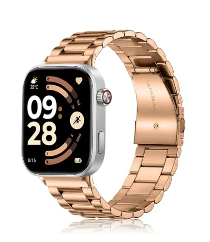Dl3 Mobilak Metal Bracelet for Xiaomi Redmi Watch 6/5/4/6 Active/6 Lite/Smart Band 10 Pro/9Pro/8 Pro Replacement Strap, Stainless Steel Metal Women Men Replacement Watch Strap - Rose Gold