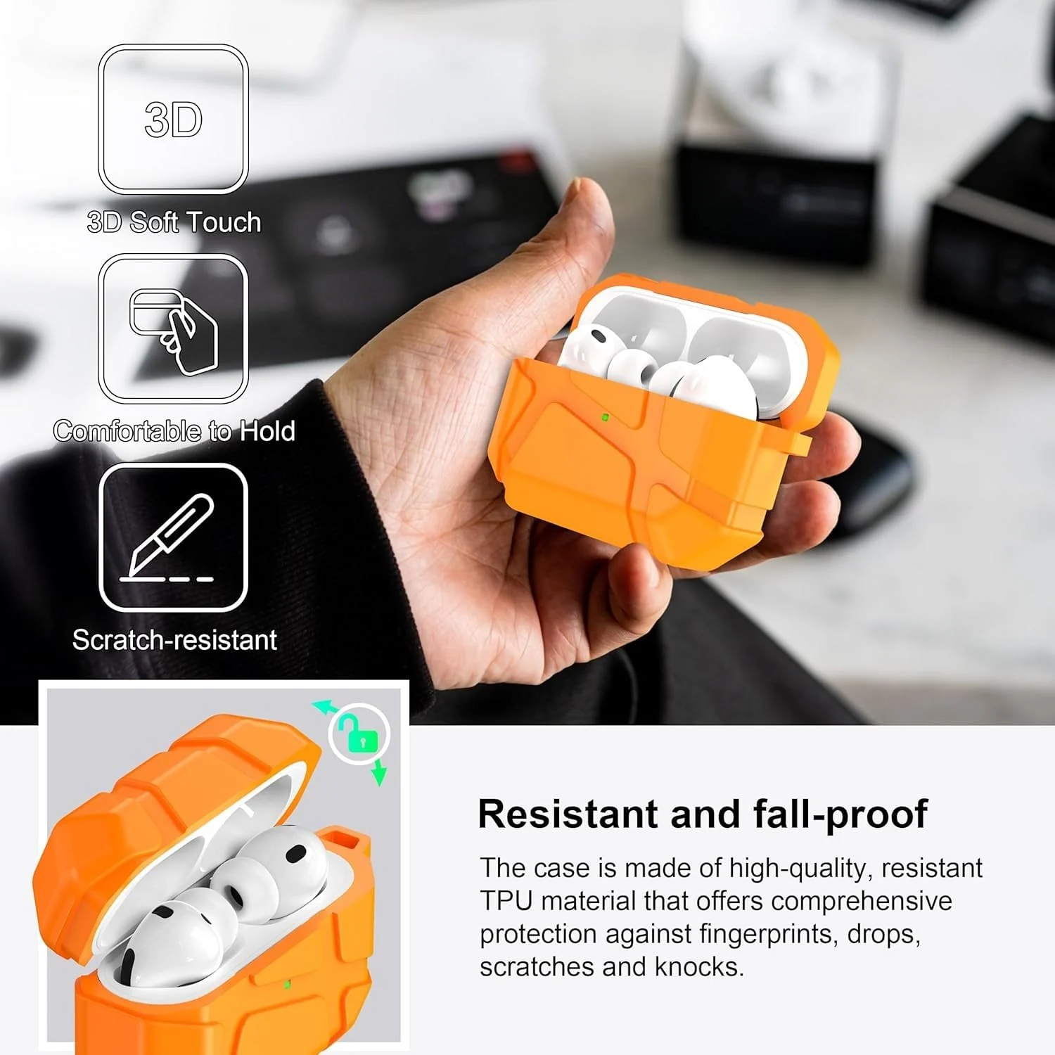 DL3 Mobilak AirPods Pro 3 (2025) Case, Shockproof Silicone Protective Case for Apple AirPods Pro 3 (2025) Generation, Hard Shell Design, Anti-Scratch, Front LED Light with Carabiner - Orange