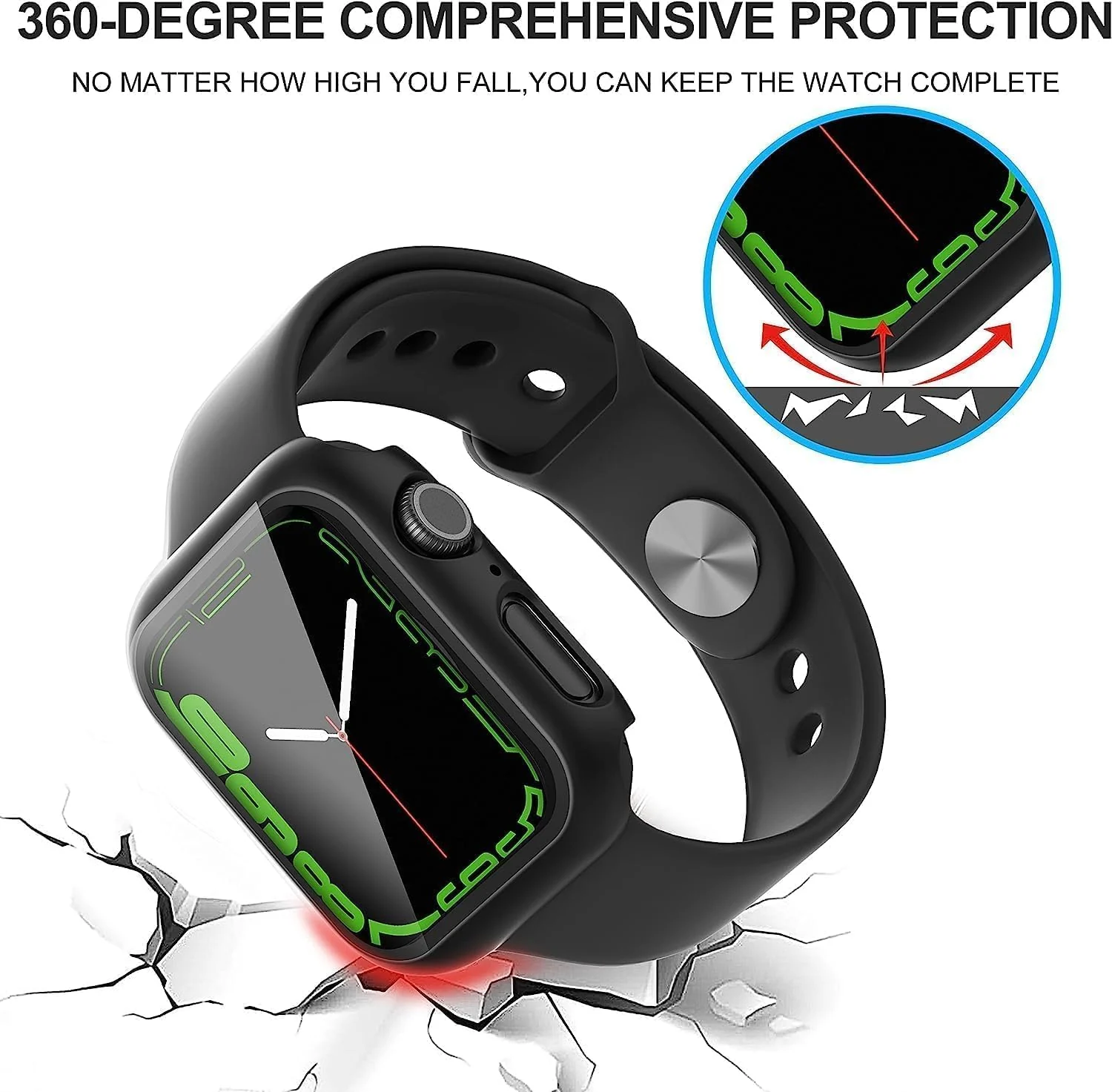 DL3 Mobilak Hard Case Designed for Apple Watch Series 8/7/6/5/4/Series SE/SE 2 44mm, Built-in 9H [HD Clear] Tempered Glass Screen Protector, [Full Protection] Slim Cover for 44mm - Black
