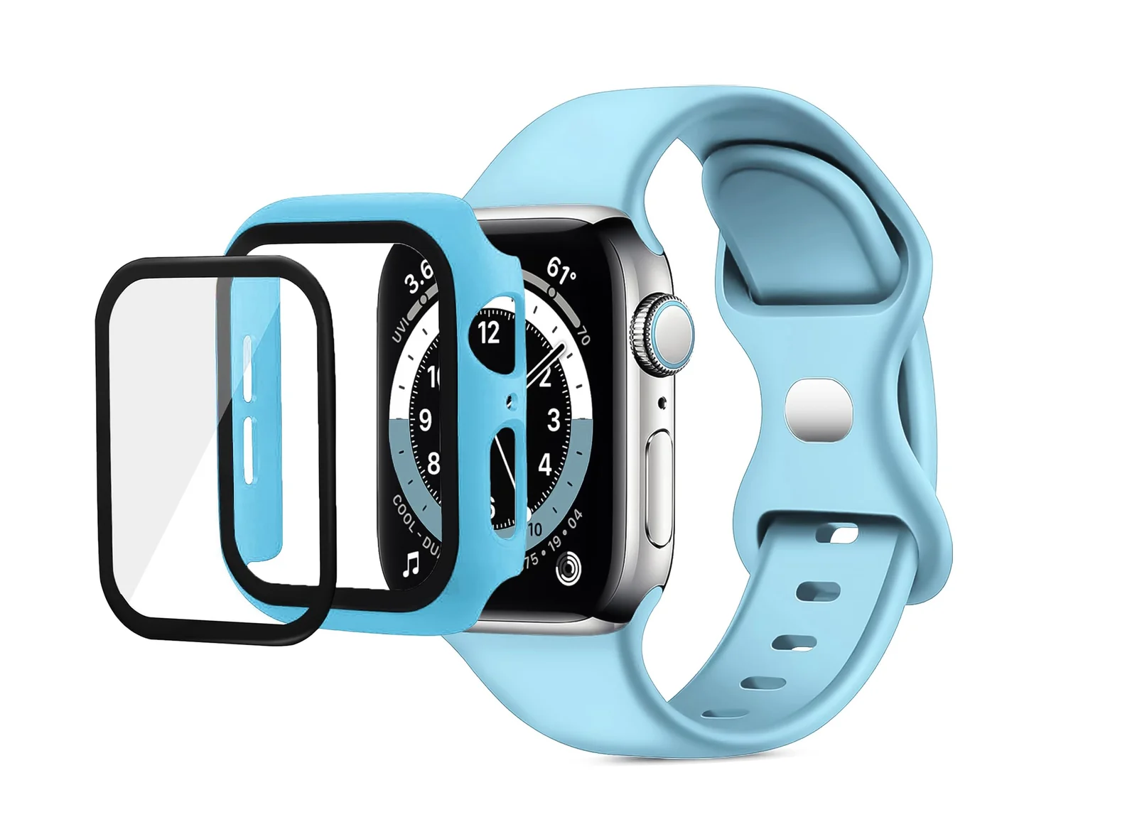 DL3 Mobilak Band with Case Compatible with Apple Watch 45mm, Adjustable Silicone Sport Wristband Replacement, Strap With Cover Built-in Glass Screen Protector for iWatch Series 9 8 7 - Baby Blue