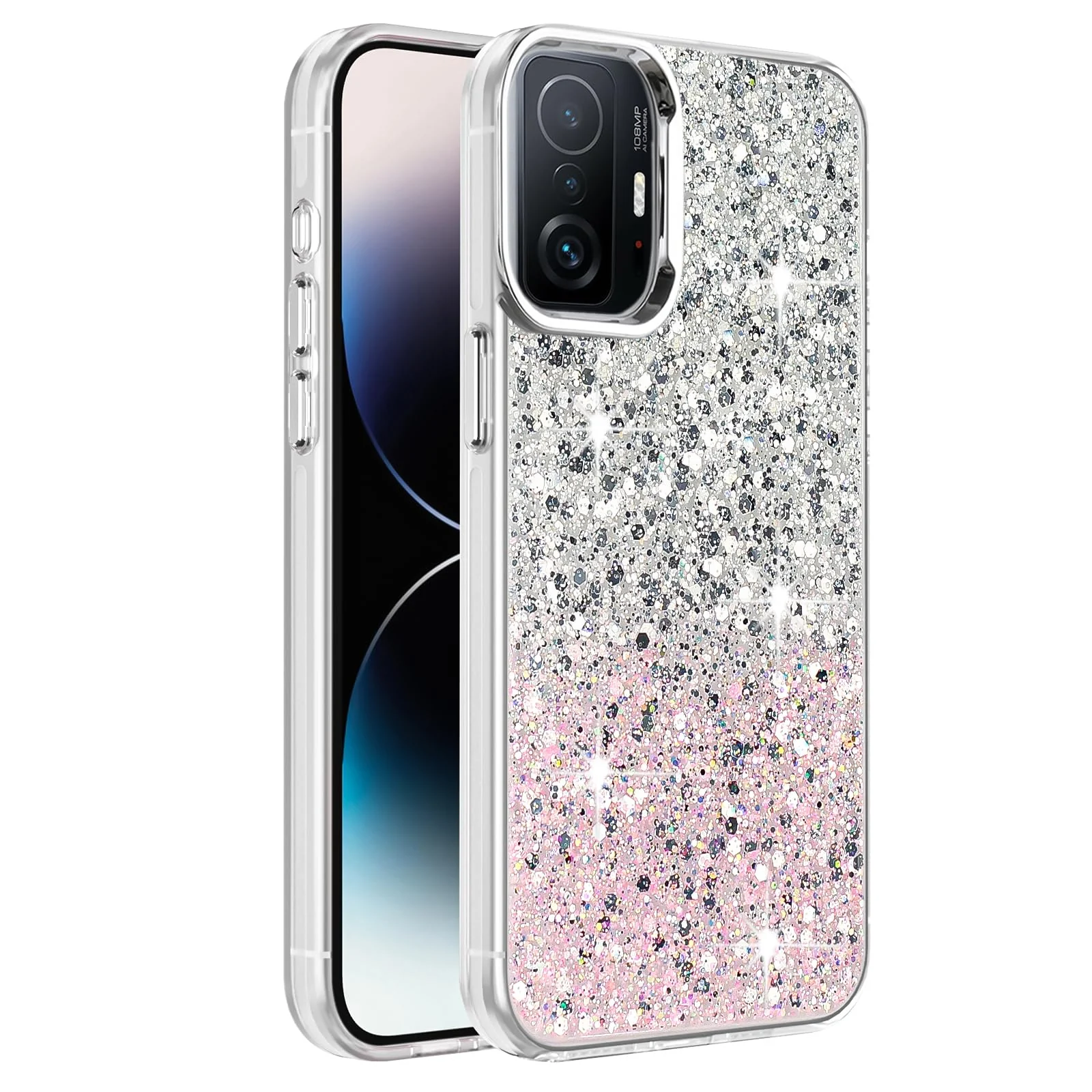 DL3 Mobilak Glitter Protective Case for Xiaomi 11T 5G / Xiaomi 11T Pro 5G, Supports wireless charging, Camera protection, Shock-absorbing protection - White Pink
