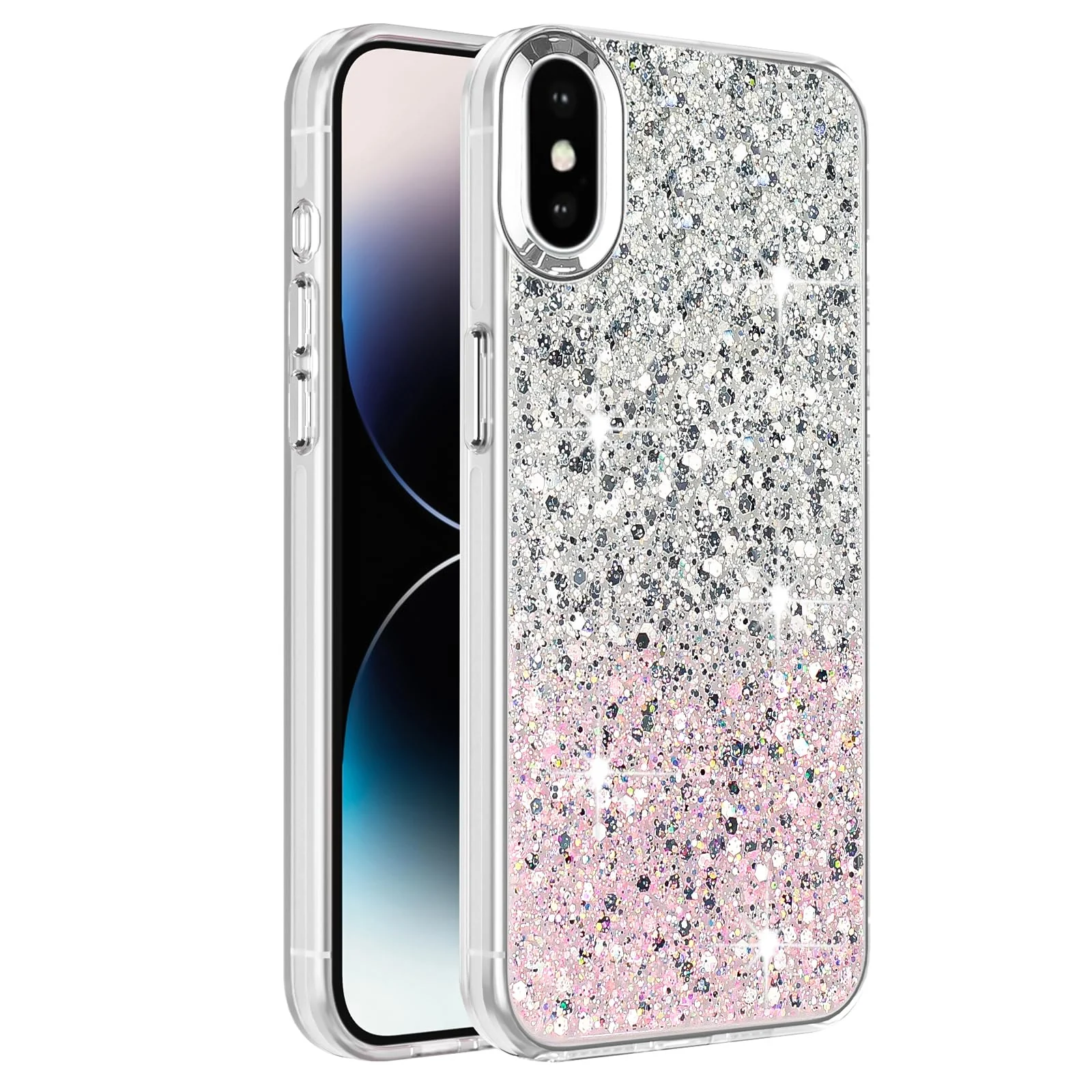DL3 Mobilak Compatible with iPhone XS Max Case, Clear Glitter Bling Sparkly, Soft TPU Frame Bumper, Hard-Back Cover for Women & Girls, Transparent Protective Phone Case - White Pink